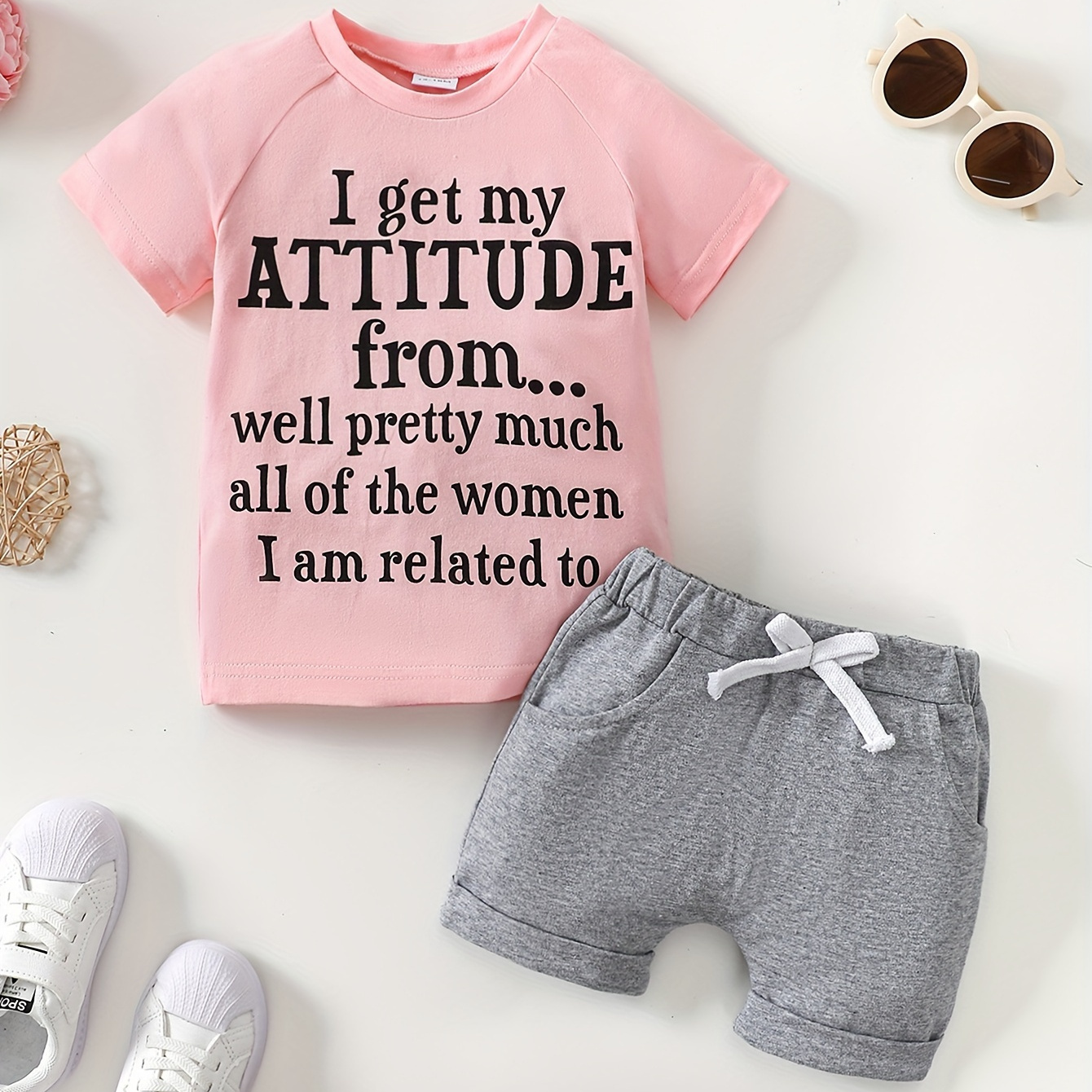 

Baby's "i Get My Attitude From" Letter Print 2pcs Casual Summer Outfit, T-shirt & Shorts Set, Toddler & Infant Girl's Clothes For Daily/holiday, As Gift