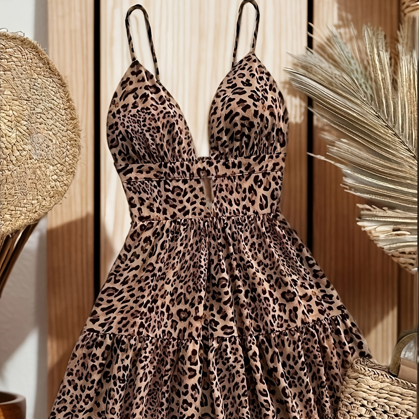 

Chic Women's Leopard Print Sundress - Sexy V-neck With Ruffle Hem, Backless Spaghetti Suspender Dress, Machine Washable Polyester, Ideal For Spring/summer