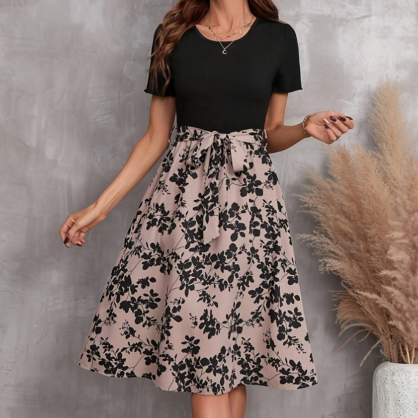 

Floral Print Crew Neck Dress, Elegant Short Sleeve Belted A-line Dress For Spring & Summer, Women's Clothing