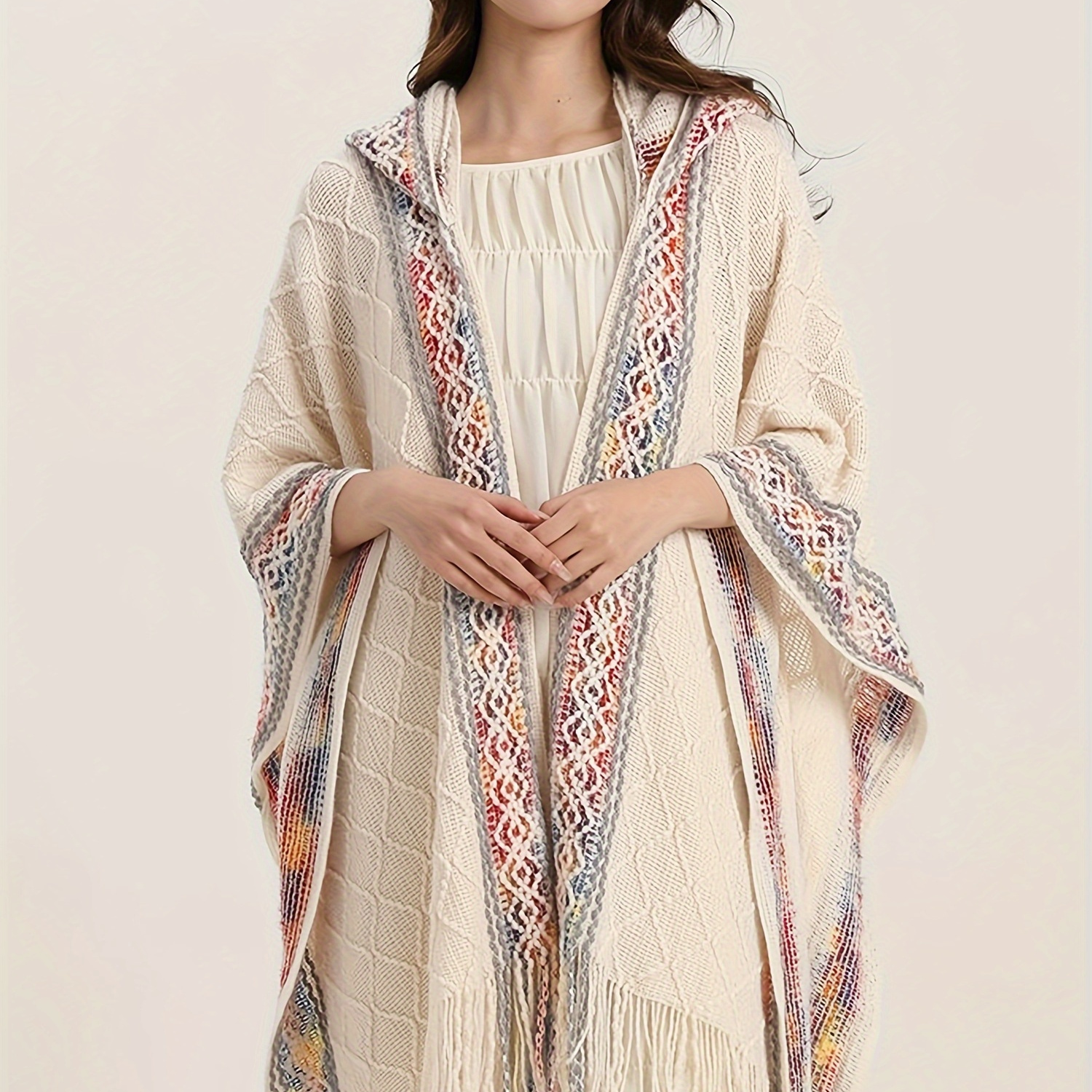 

Tribal Pattern Open Front Hoodie Cardigan, Elegant Batwing Sleeve Fringe Hem Cape For Spring & Fall, Women's Clothing