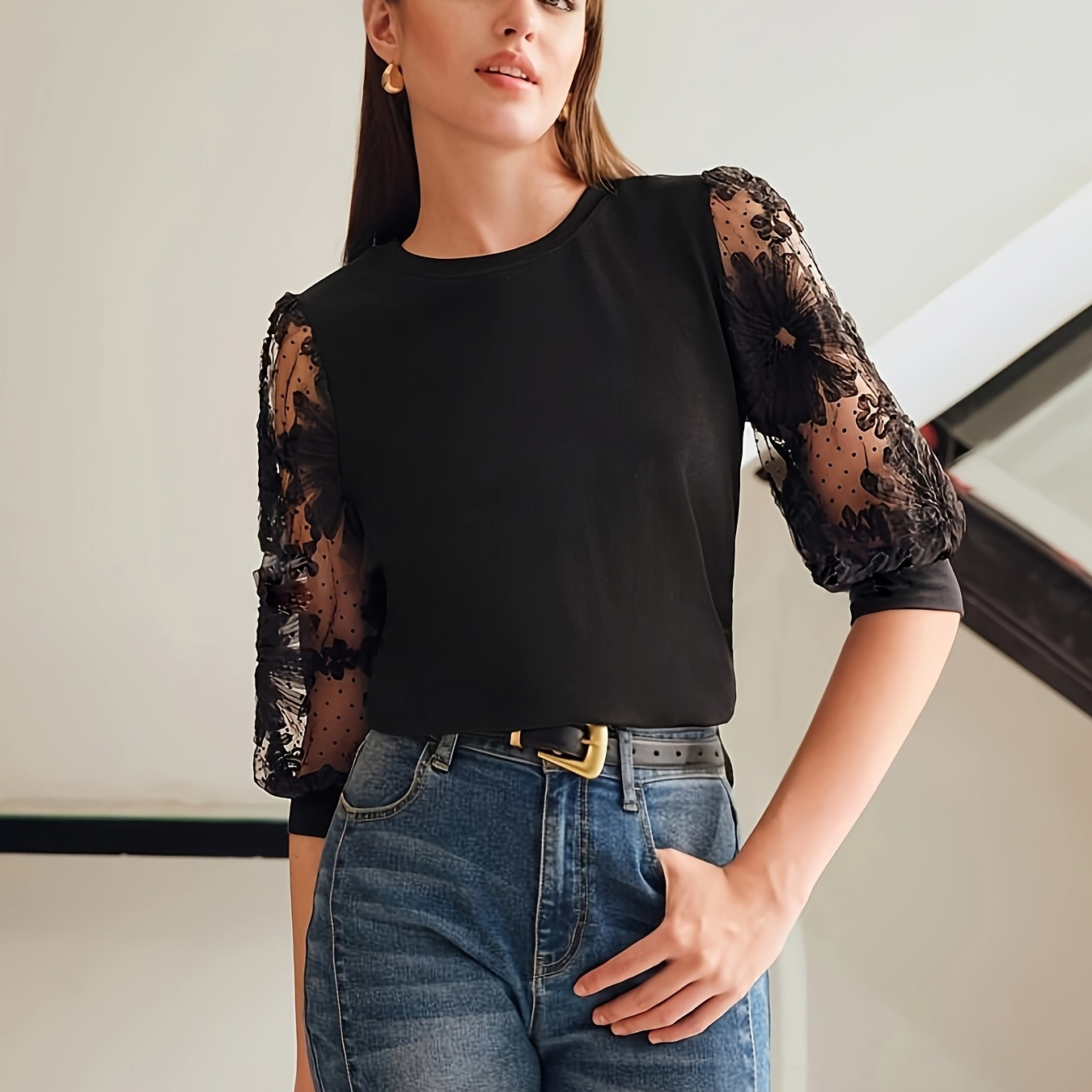 

Blouse Élégante pour Femme avec Dentelle et Manches Mi-longues - Col Rond, Polyester, Lavable en Machine - Parfaite pour /Été/Automne