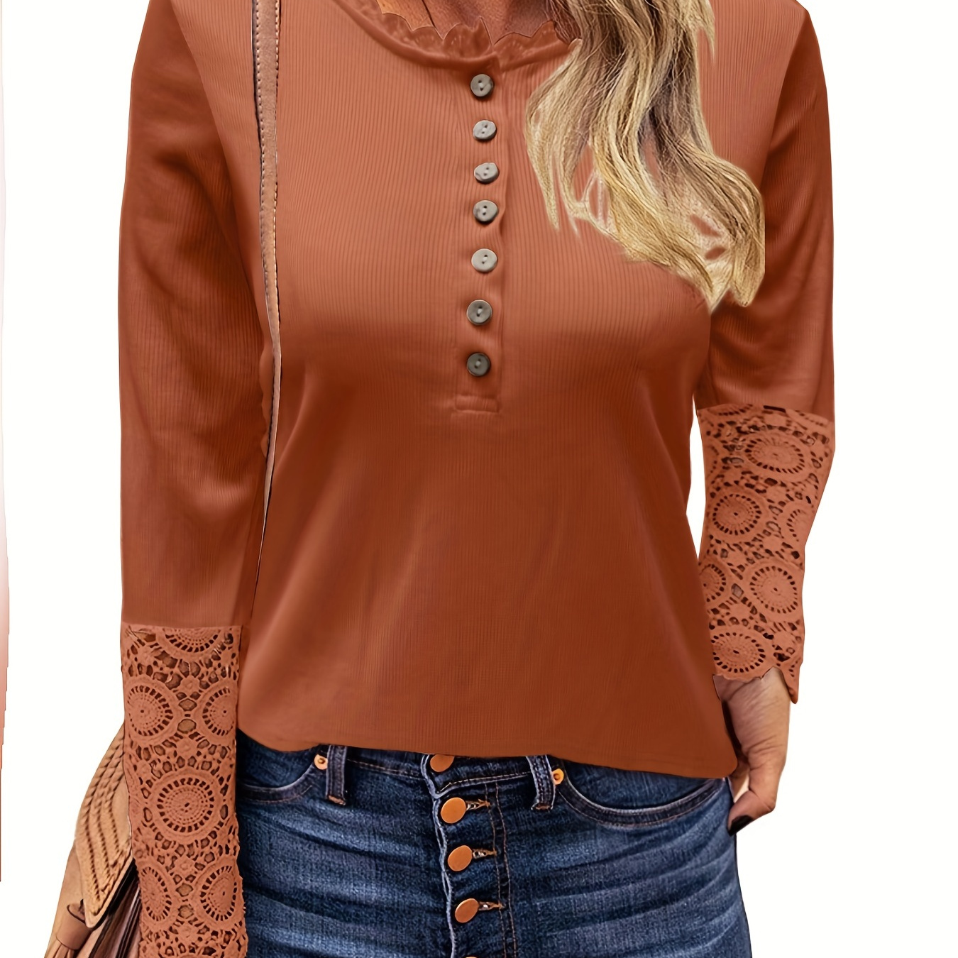 

Lace Stitching Button Front Top, Casual Long Sleeve T-shirt For Spring & Fall, Women's Clothing