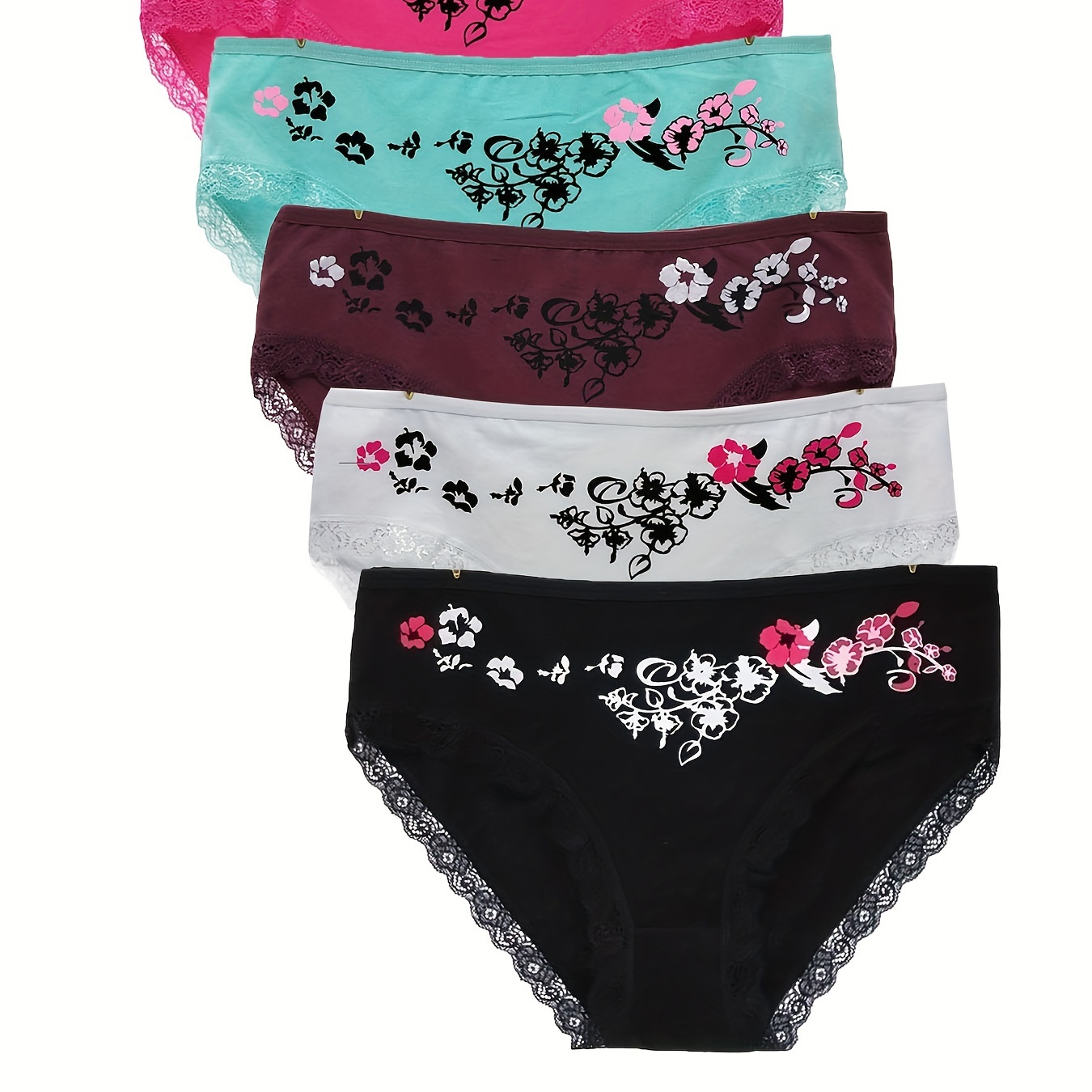 

6pcs Floral Print Briefs, Comfy & Breathable Lace Trim Intimates Panties, Women's Lingerie & Underwear