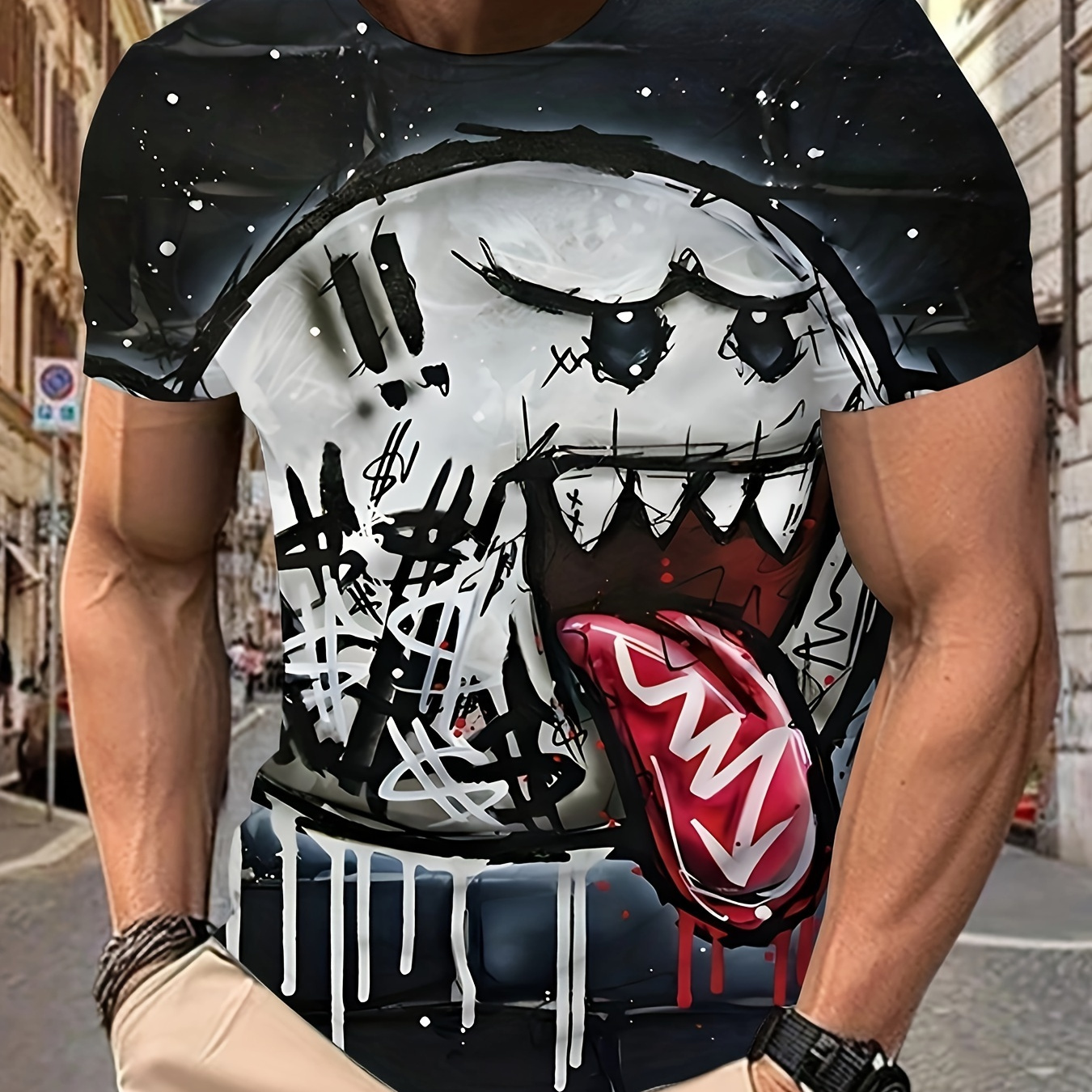 

Men's Edgy 3d Skull & Graffiti Graphic Tee - Casual Round Neck, Polyester, Machine Washable - Streetwear With Splatter Design