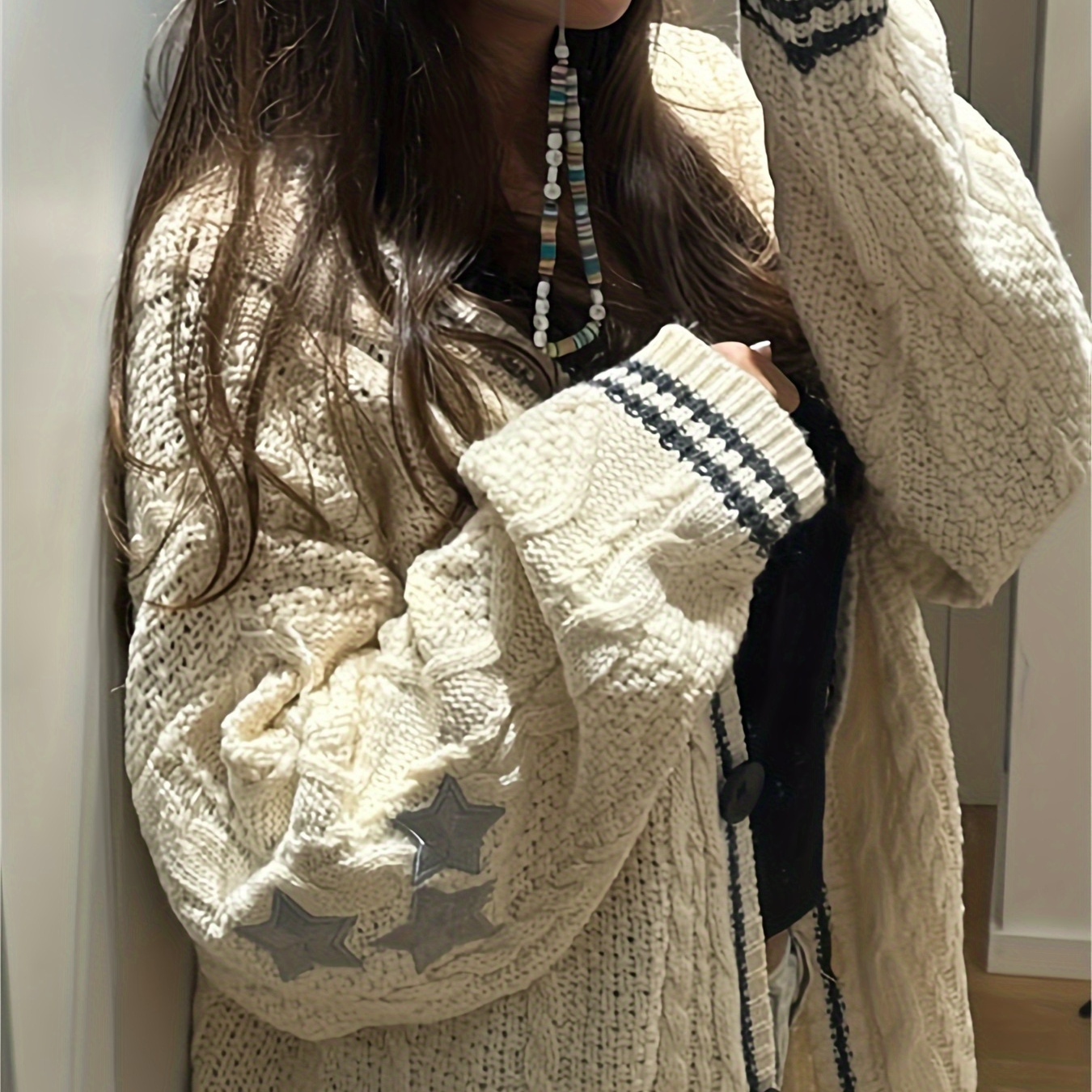 

Star Embroidery Cable Knit Cardigan, Casual Button Front V Neck Loose Sweater, Women's Clothing