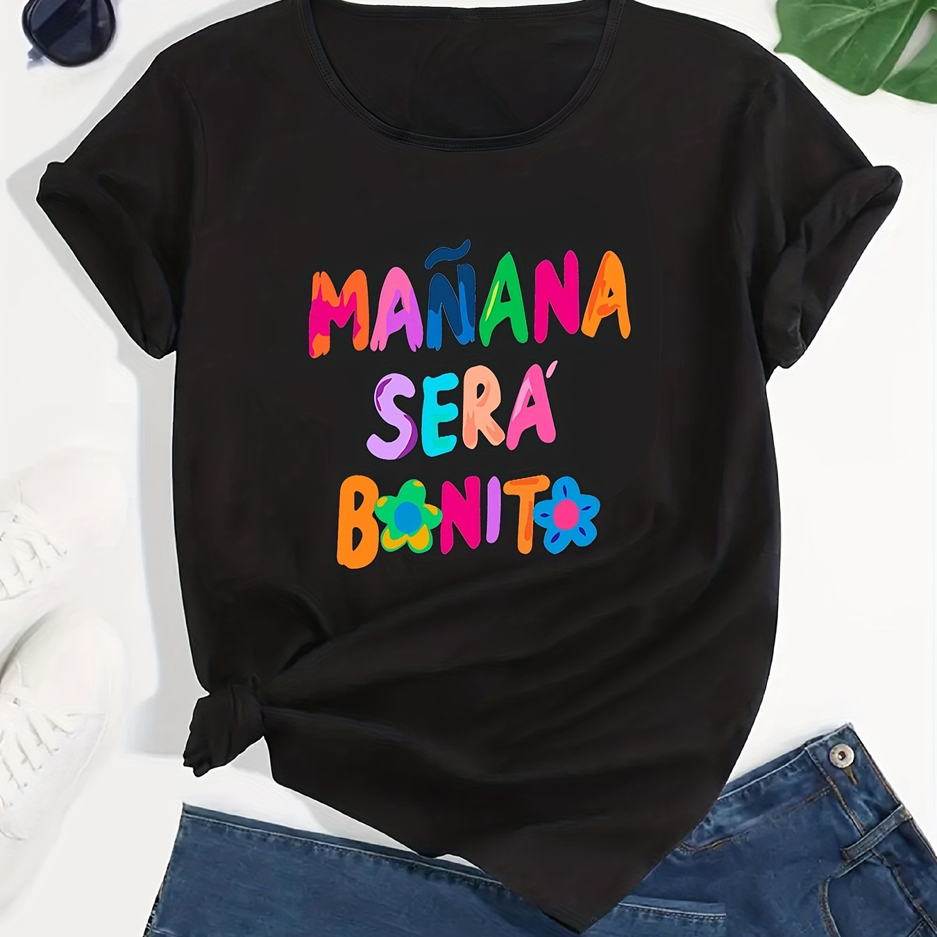 

Women's Colorful Letter Graphic Loose T-shirt - Casual Sports Short Sleeve Top For Summer