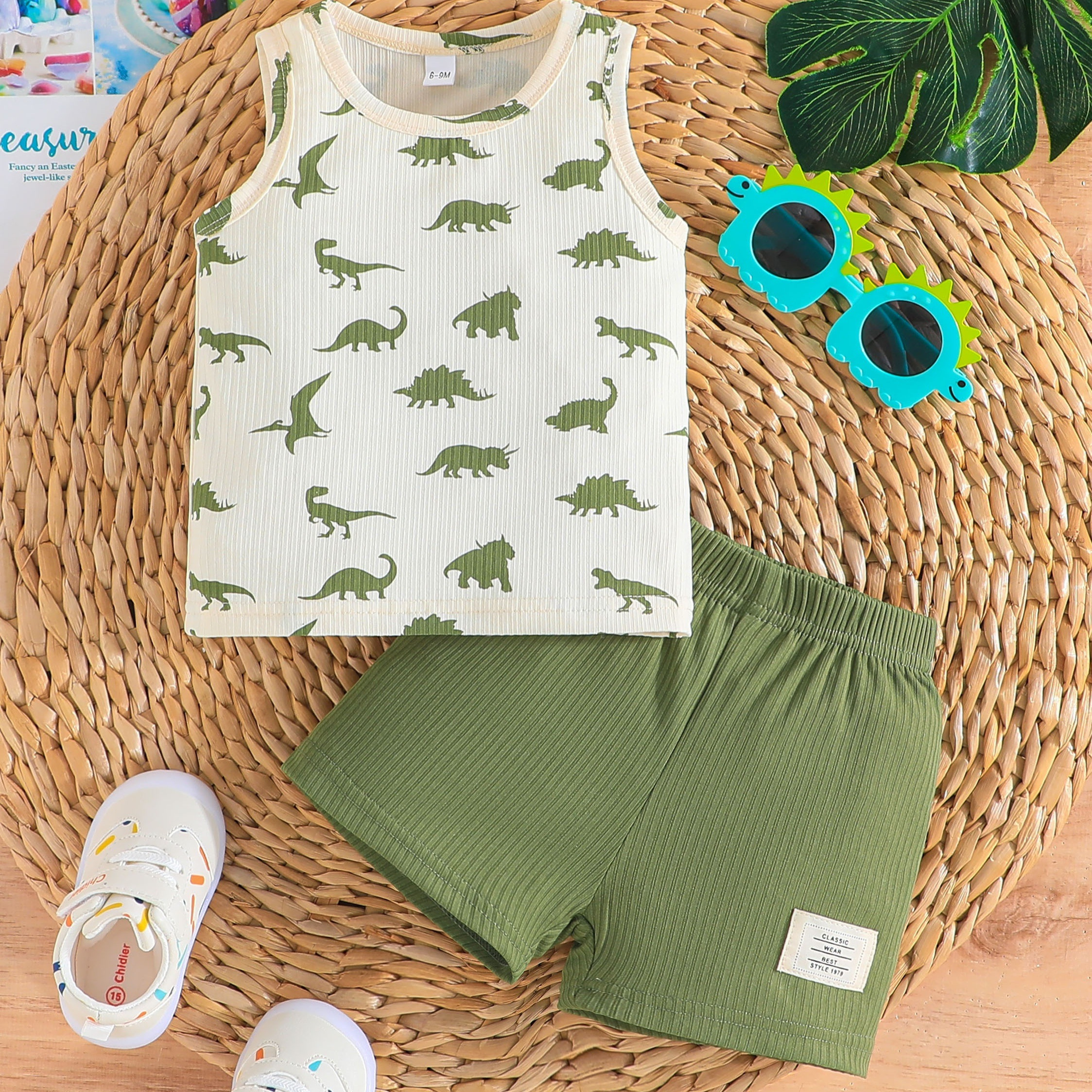 

2pcs Cartoon Dinosaur Print Ribbed Casual Outfit For Infant & Toddler, Tank Top & Elastic Waist Shorts, Baby Boy's Clothes