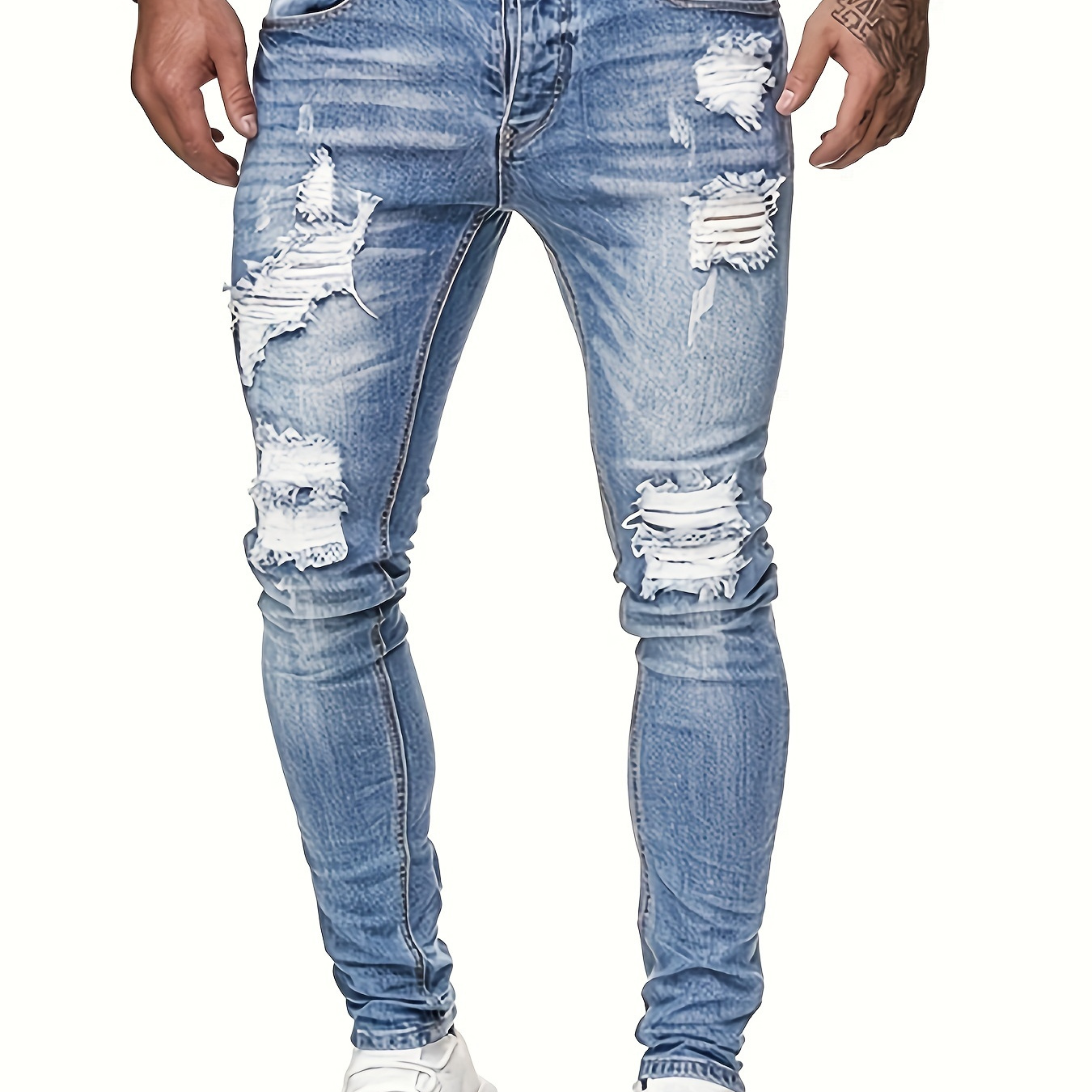 

Men's Solid Skinny Ripped Denim Pants, Street Style Jeans For Males, Stylish Leisurewear