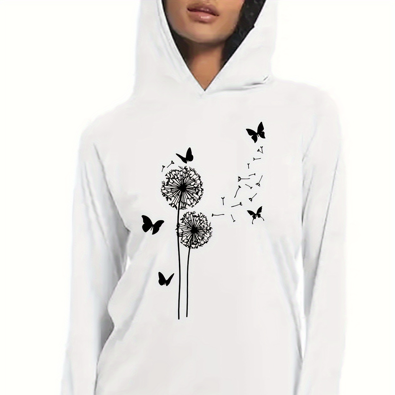 

Women's Casual Dandelion And Butterfly Print Hooded Long Sleeve T-shirt - Polyester Knit Fabric, Hooded Collar, Regular Fit With Applique Detail, Fall/