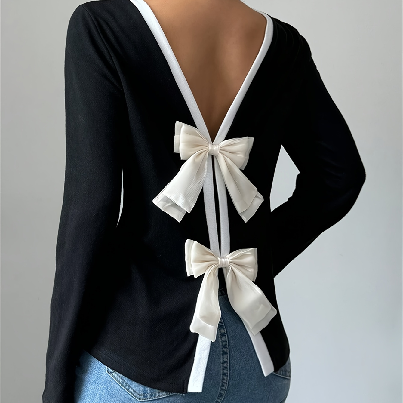 

1pc Elegant Women's Long Sleeve T-shirt With Back Bow Detail, Crew Neck, Solid Color, Knit Polyester Fabric, Regular Length For Spring/summer Casual Wear