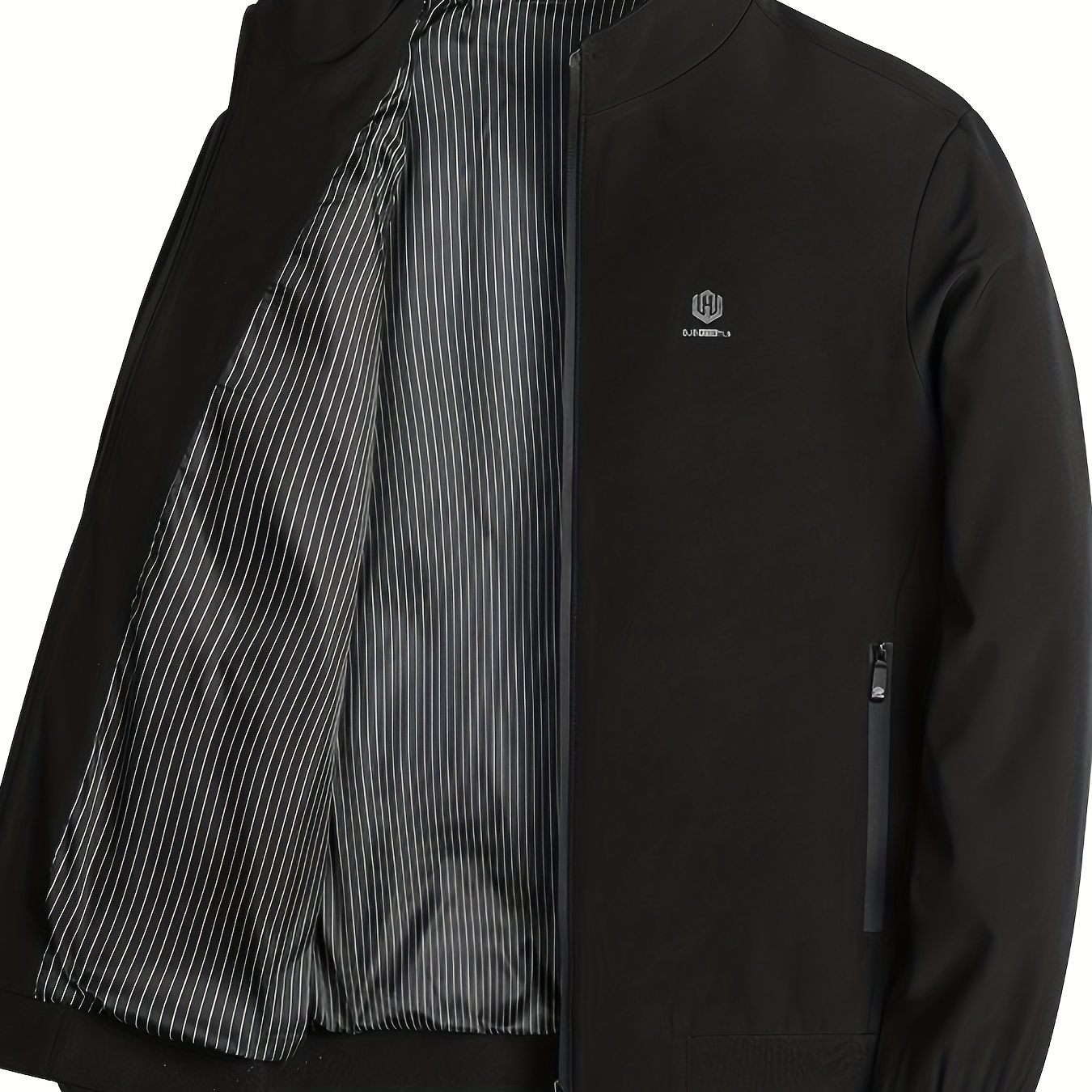 

Men's Casual - Black Polyester, Stand Collar, Zippered , Machine Washable, Ideal For Spring And Autumn