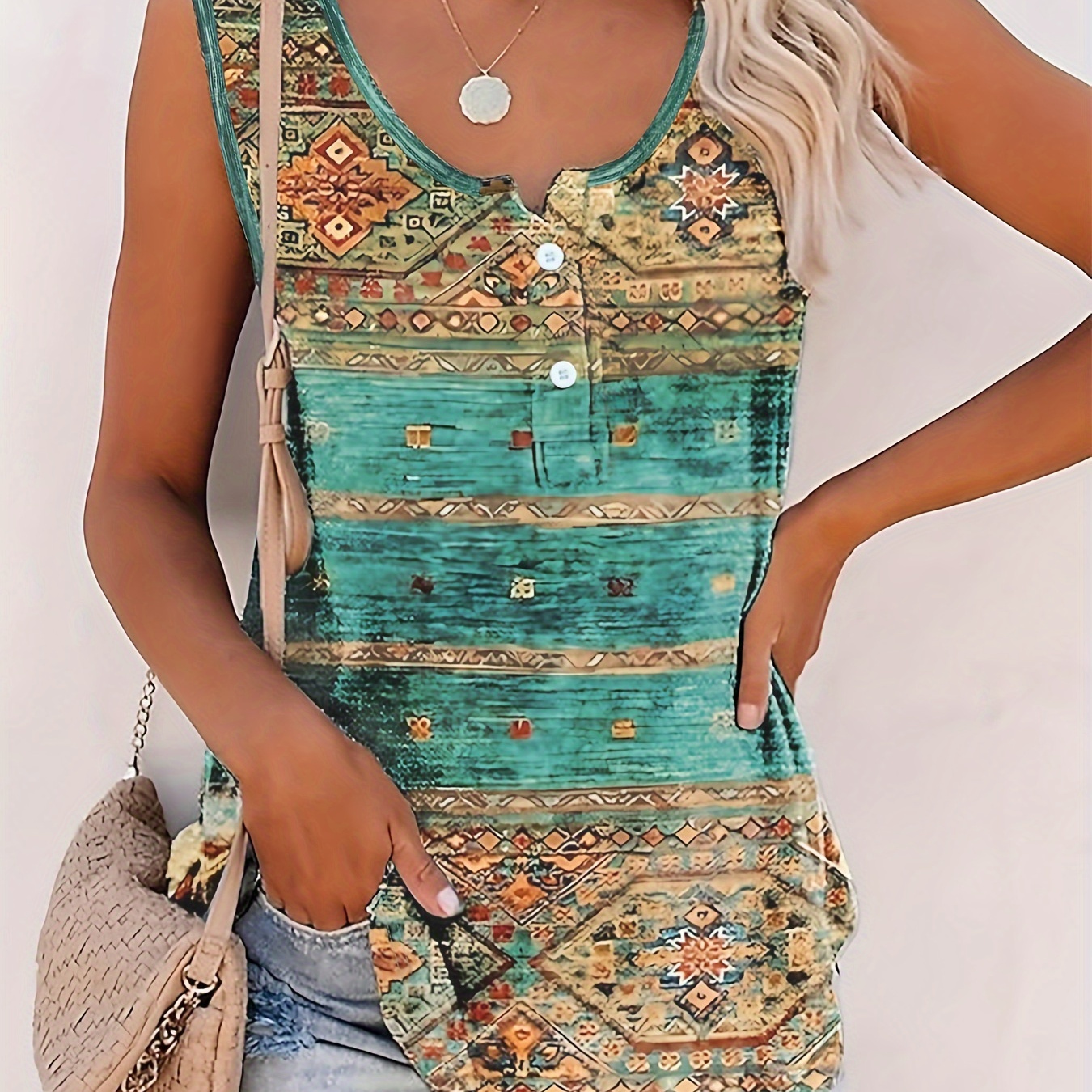 

Tribal Print Notched Neck Tank Top, Casual Button Front Sleeveless Tank Top For Spring & Summer, Women's Clothing
