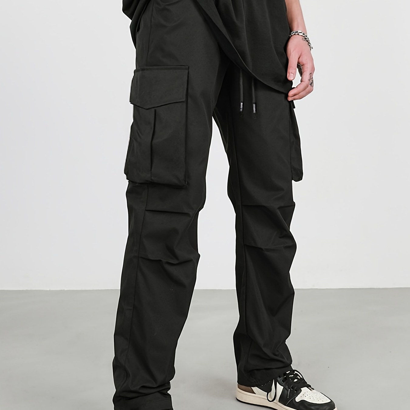 

Solid Men's Drawstring Cargo Pants With Multi-pocket Design, All Seasons Outdoor, Special Gift