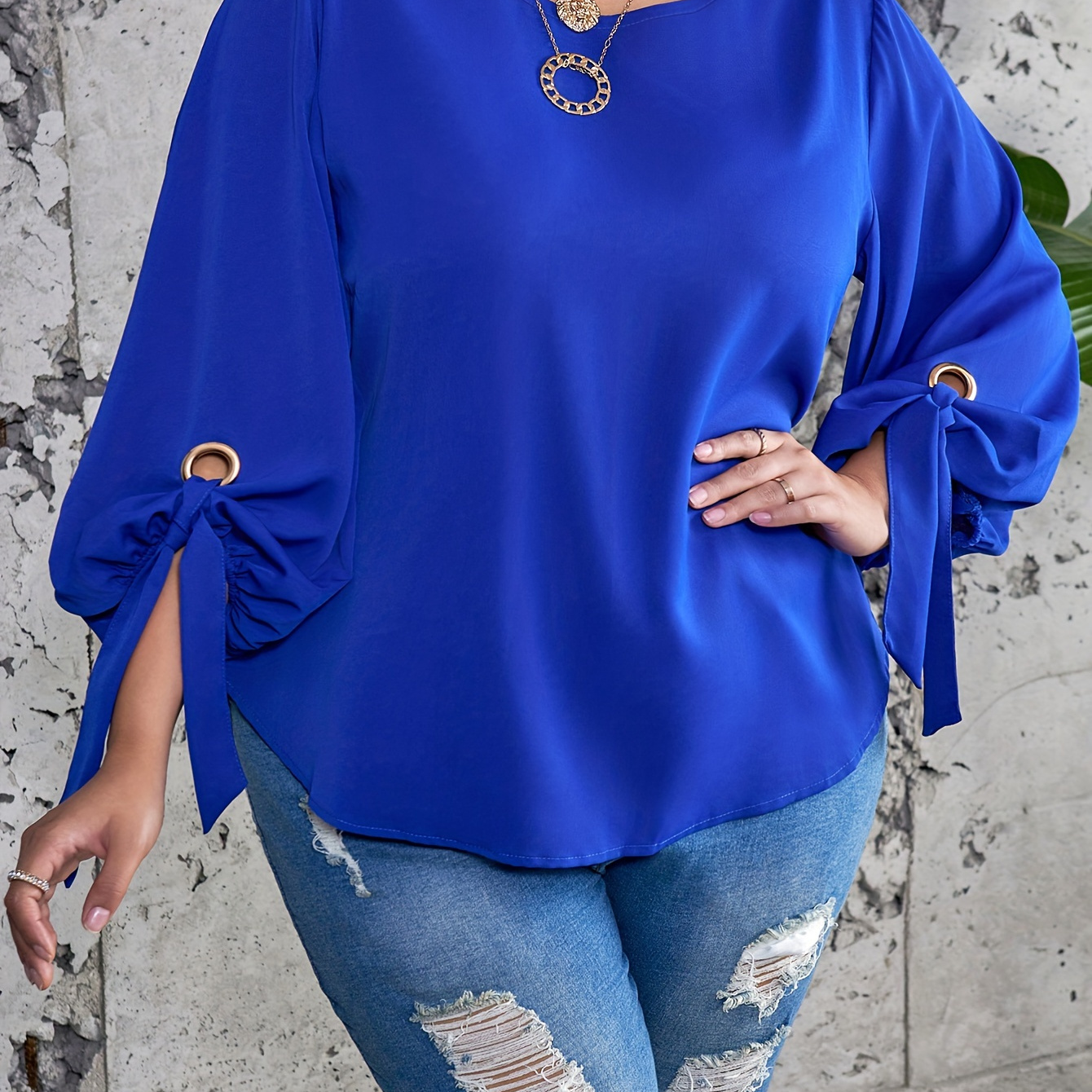 

Plus Size Casual Top, Women's Plus Solid Lantern Sleeve Round Neck Round Hem Knot Tunic Top