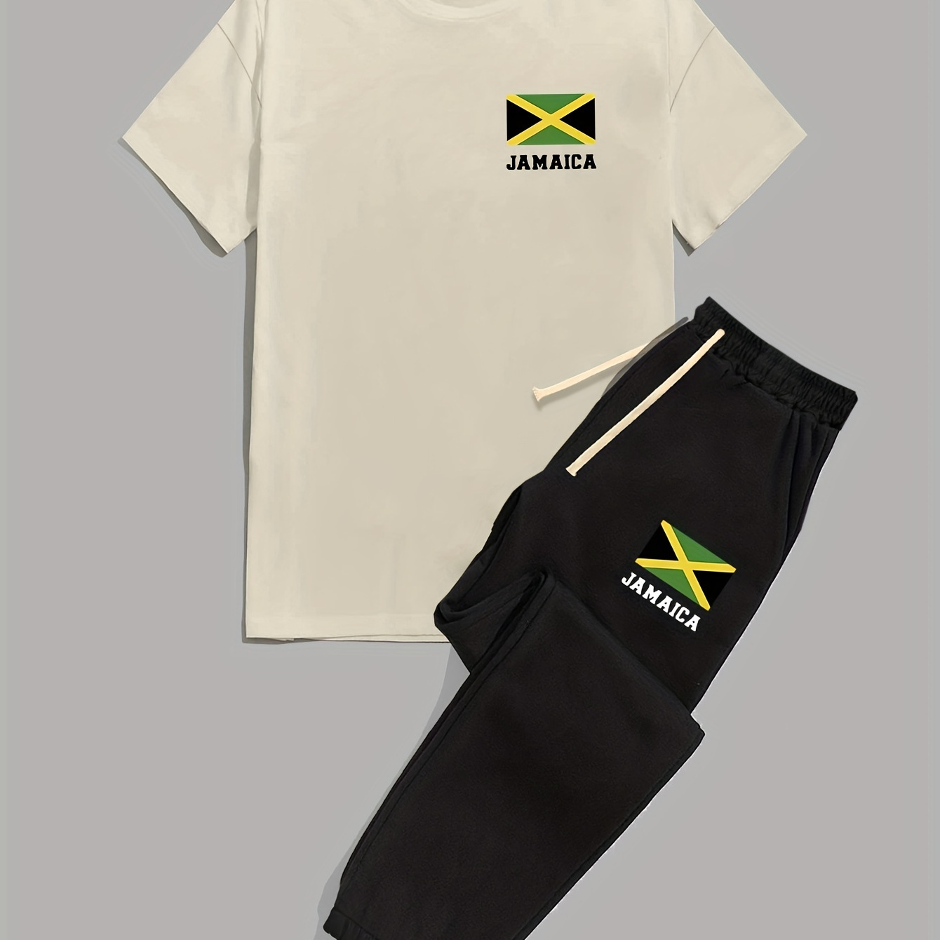 

Jamaica Flag Print Men's 2pcs Set: Casual Crew Neck T-shirt & Comfy Joggers - Spring/summer Workouts, Machine Washable