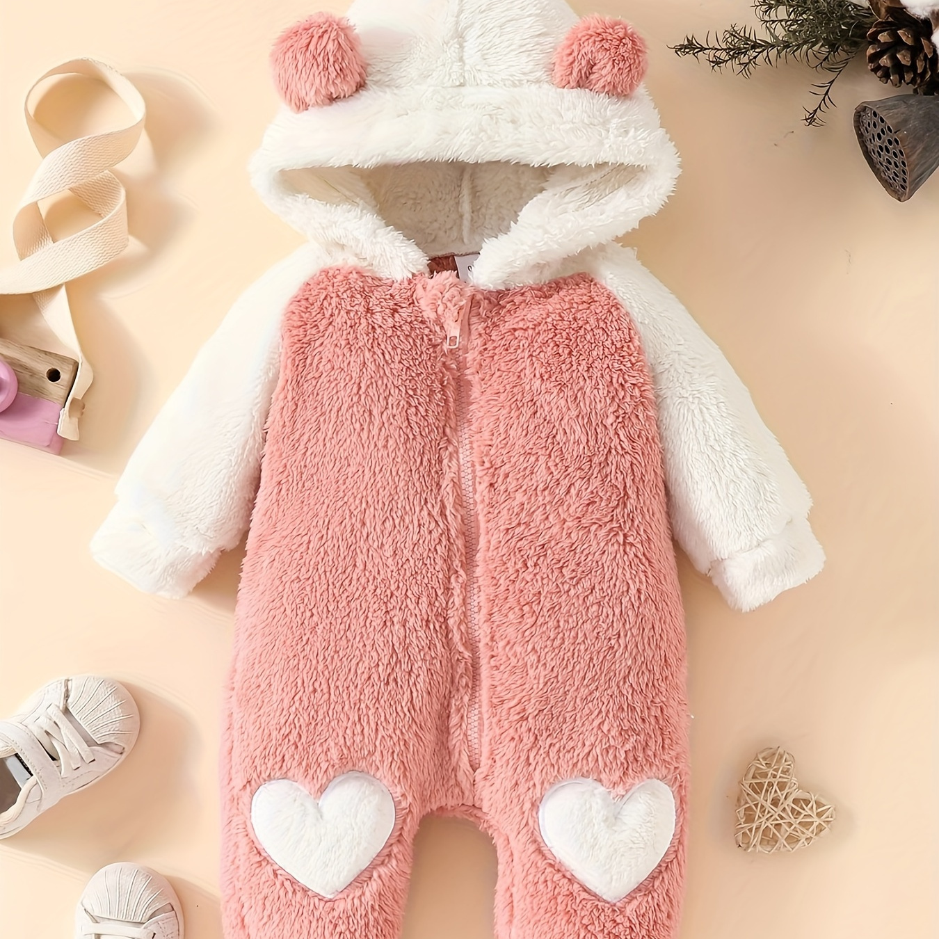 

Baby's Warm Heart Patched Ears Hooded Bodysuit, Comfy Casual Zip Up Long Sleeve Romper, Toddler & Infant Girl's Onesie For Fall Winter Everyday Wear