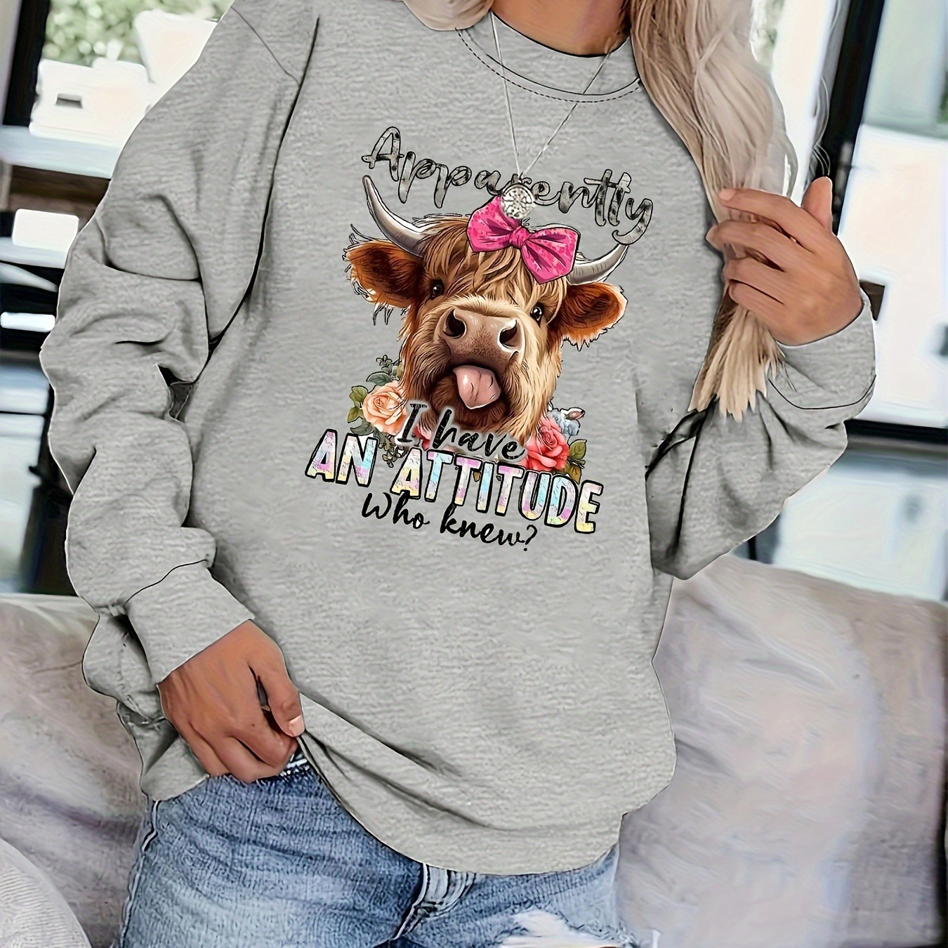 

Women's Casual Crew Neck Long Sleeve Sweatshirt With Floral Cow Print, 100% Polyester Knit Fabric, Alphabet Pattern, Comfortable Fall/ Pullover Top