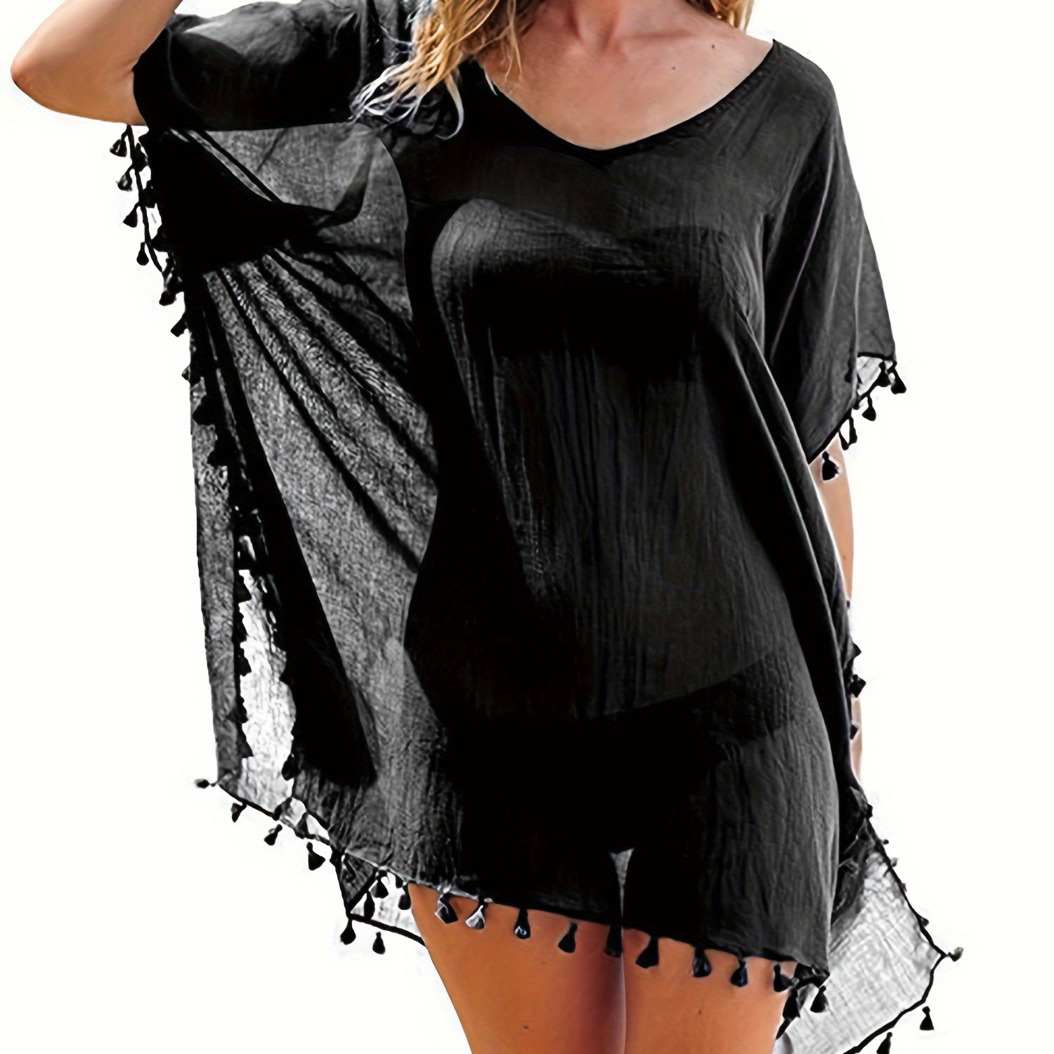 

Women's Solid Color Tassel Beach Cover-up, Casual Loose Fit, V-neck Kaftan, Swimwear Loungewear Available In Multiple Colors