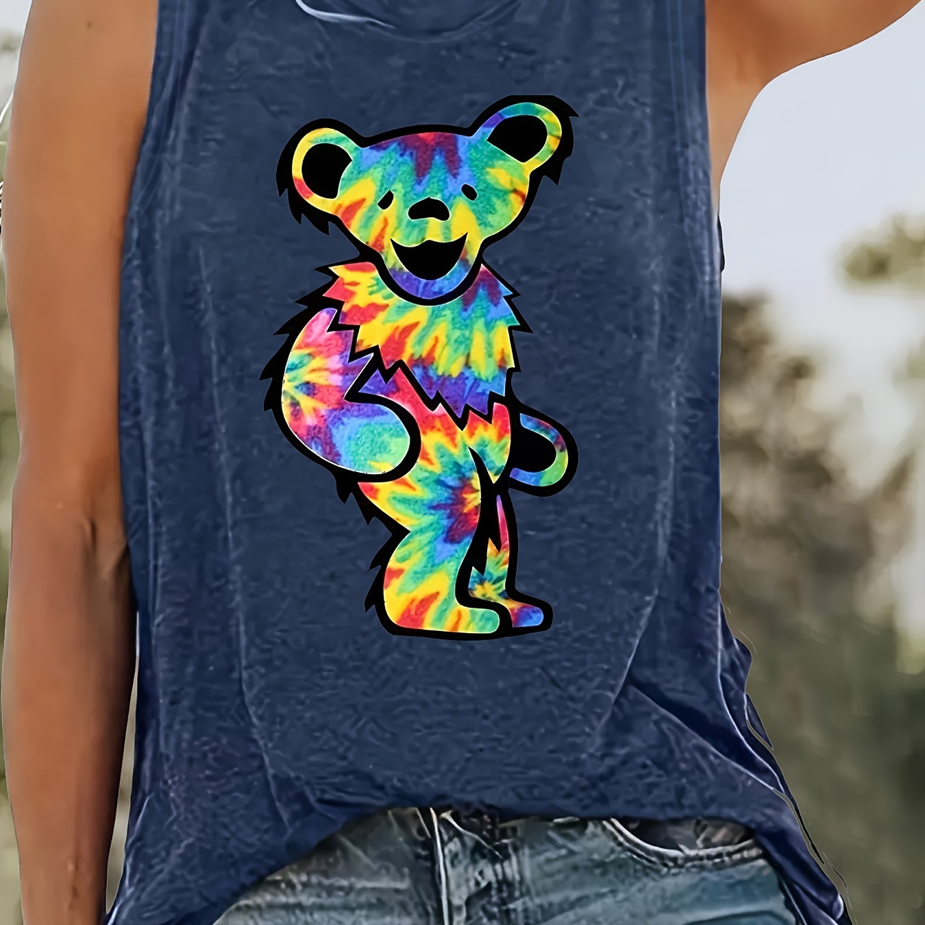 

Colorful Bear Print Tank Top, Crew Neck Sleeveless Casual Top For Summer & Spring, Women's Clothing