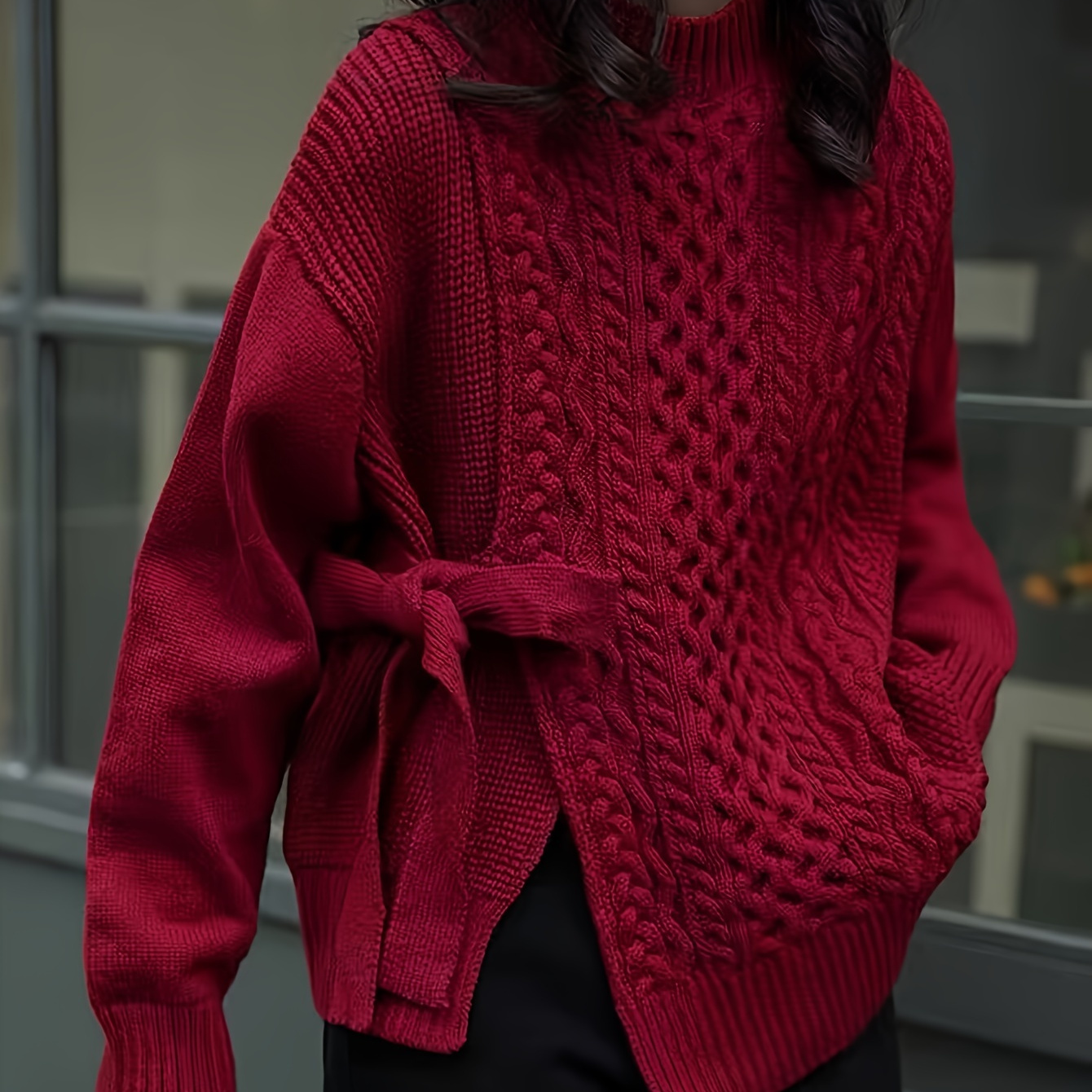 

Pull à col rond en torsadé avec sur les côtés, pull décontracté à manches longues pour et l'hiver, vêtements pour femmes