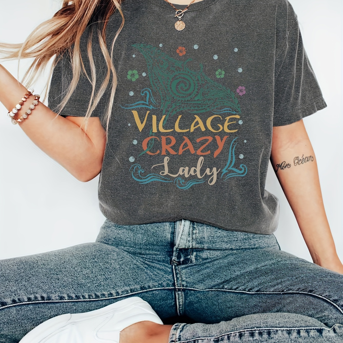 

Women's Village Crazy Graphic Tee - Casual Short Sleeve, Crew Neck Top For , Breathable Polyester