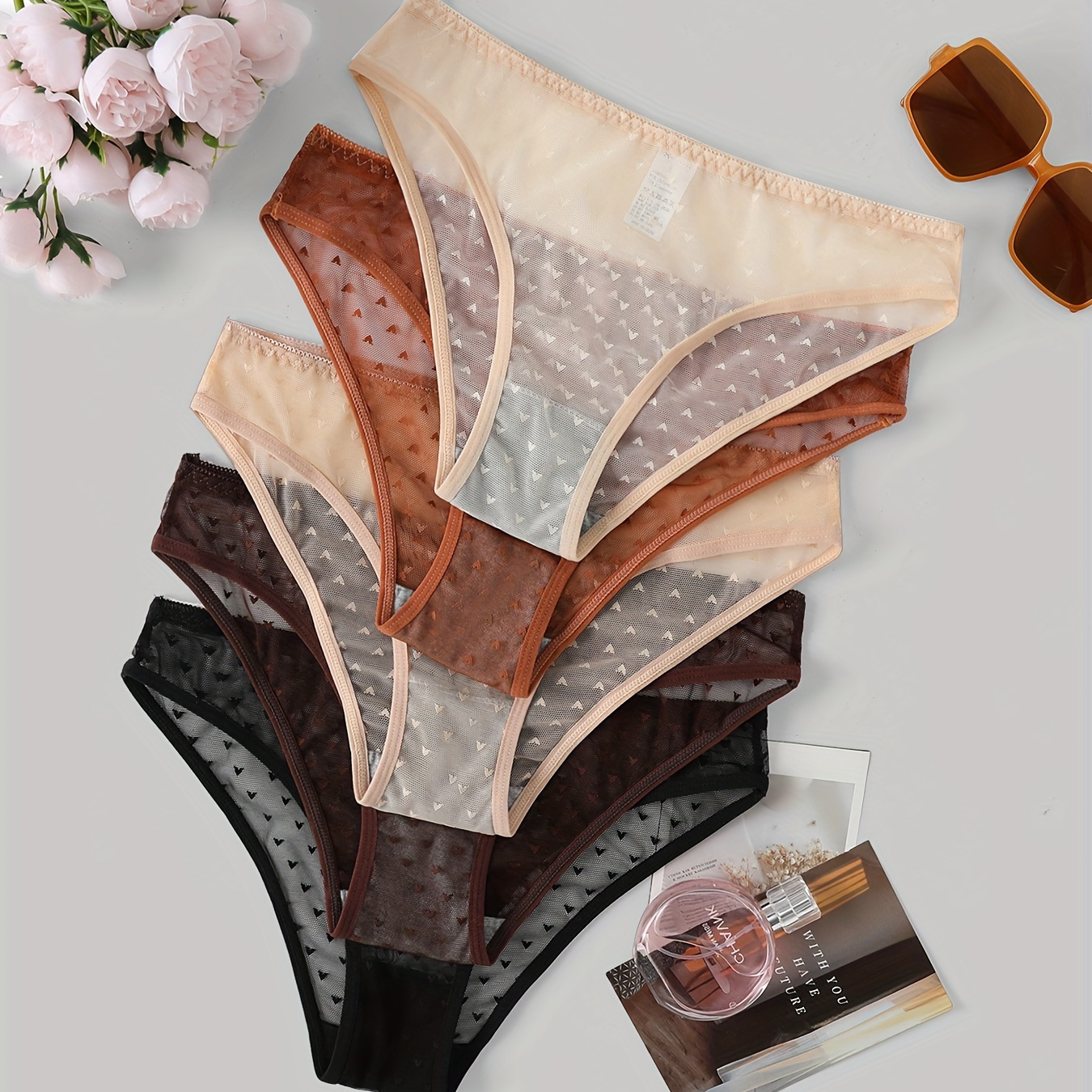 

5pcs Solid Mesh Heart Pattern Semi Sheer Briefs, Comfy Breathable Stretchy Intimates Panties, Women's Lingerie & Underwear