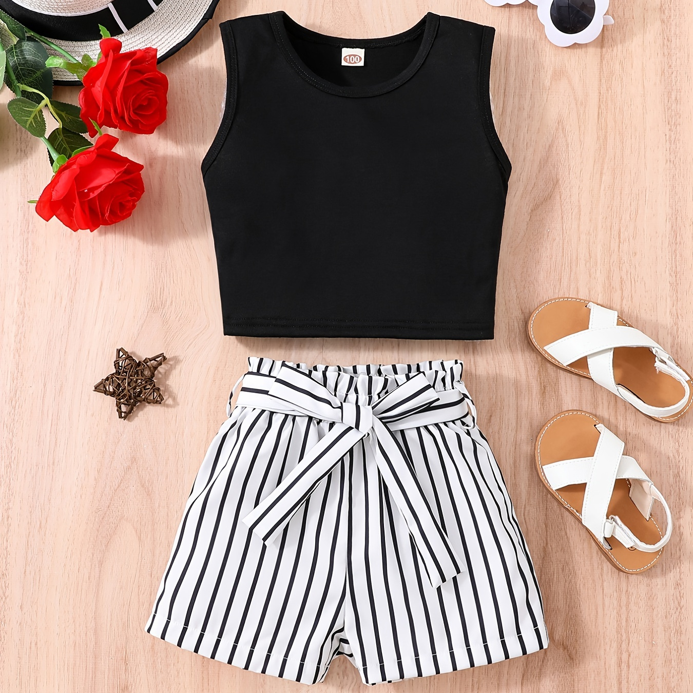 

2pcs Girls Crew Neck Sleeveless Crop Tank Top & Elastic Waist Belted Vertical Stripes Shorts Set Kids Summer Clothes