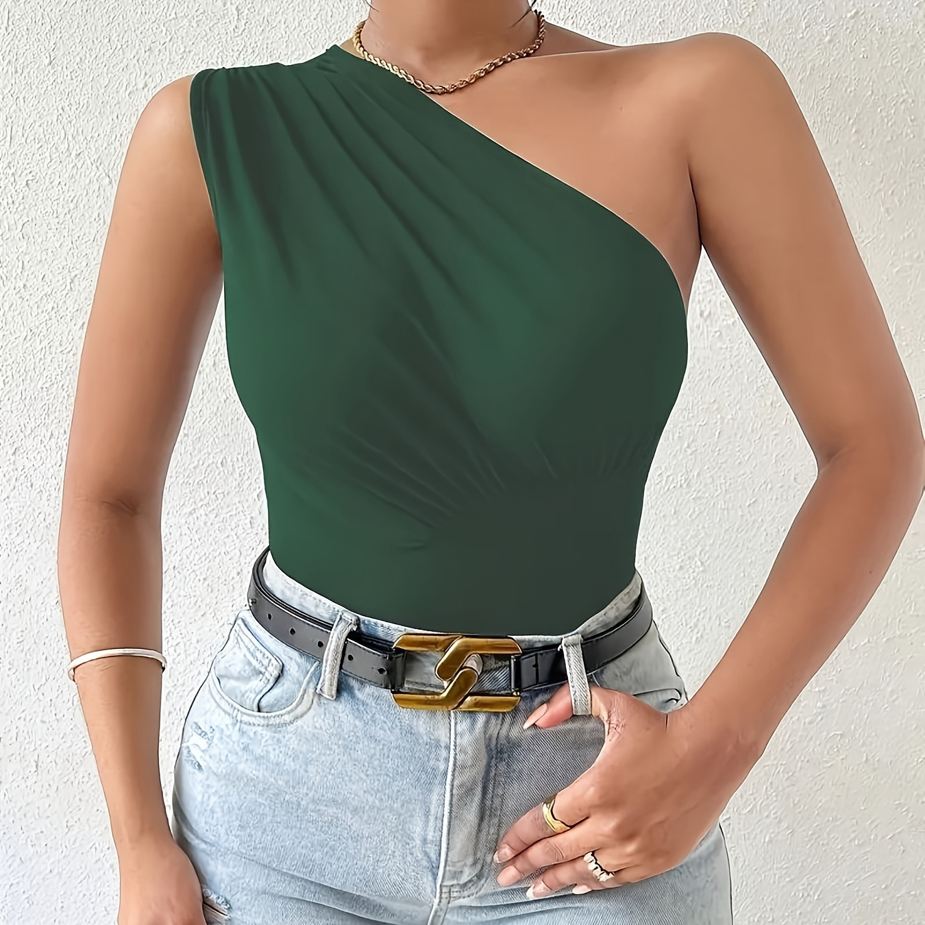 

Solid Color 1 Shoulder Tank Top, Elegant Asymmetrical Sleeveless Slim Summer Top, Women's Clothing