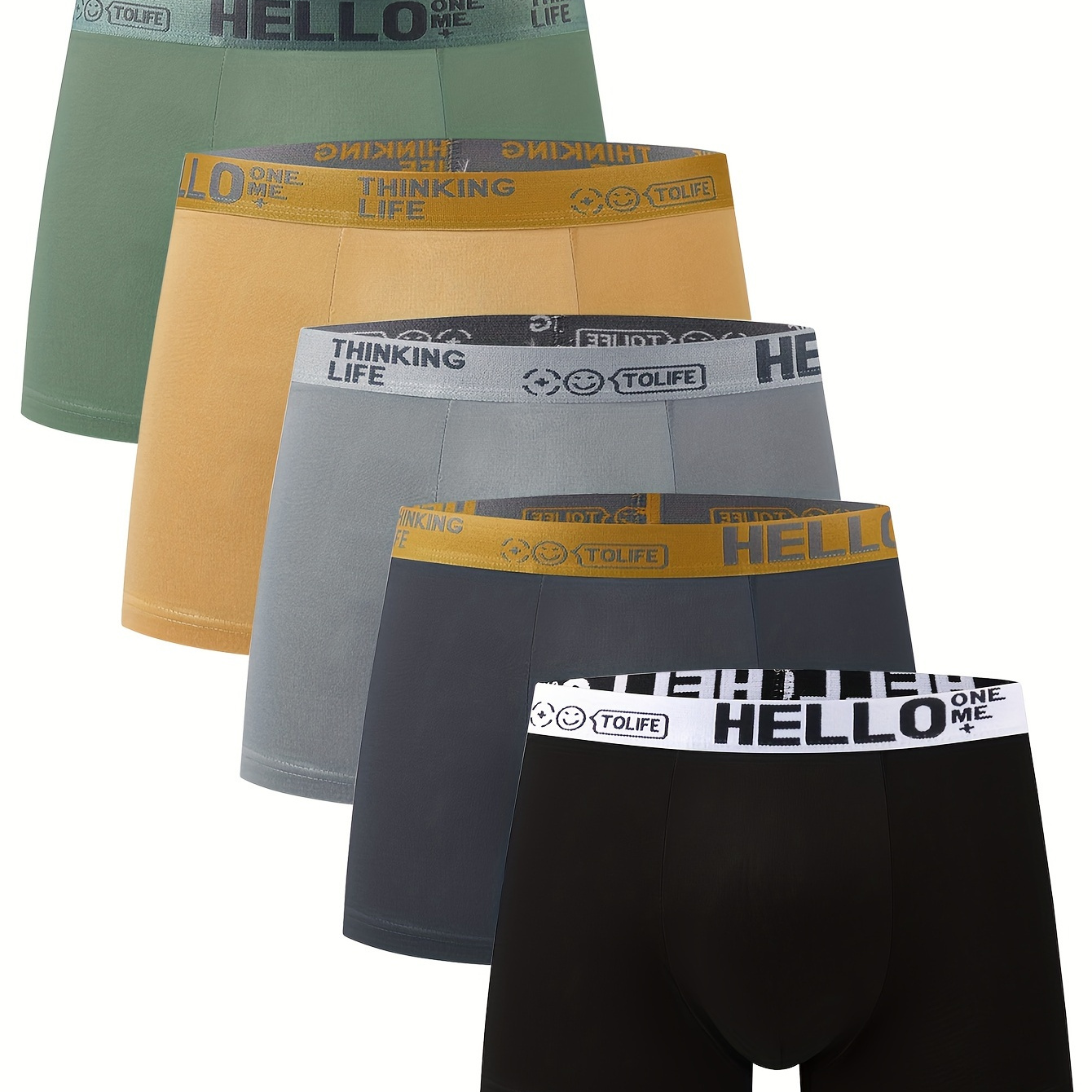 

5-pack Men's Boxer Briefs With 'hello' Print - 95% Polyester 5% Spandex, High Stretch Knit Fabric, Solid Color, Comfortable Daily & Casual Shortie Underwear