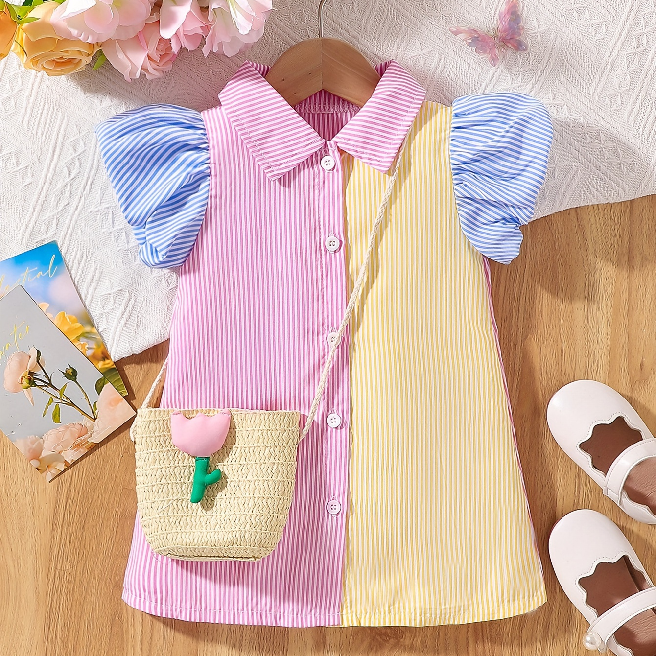 

Little Girl Preppy Style Summer Patchwork Colorful Shirt Dress, Little Baby Dress + Bag