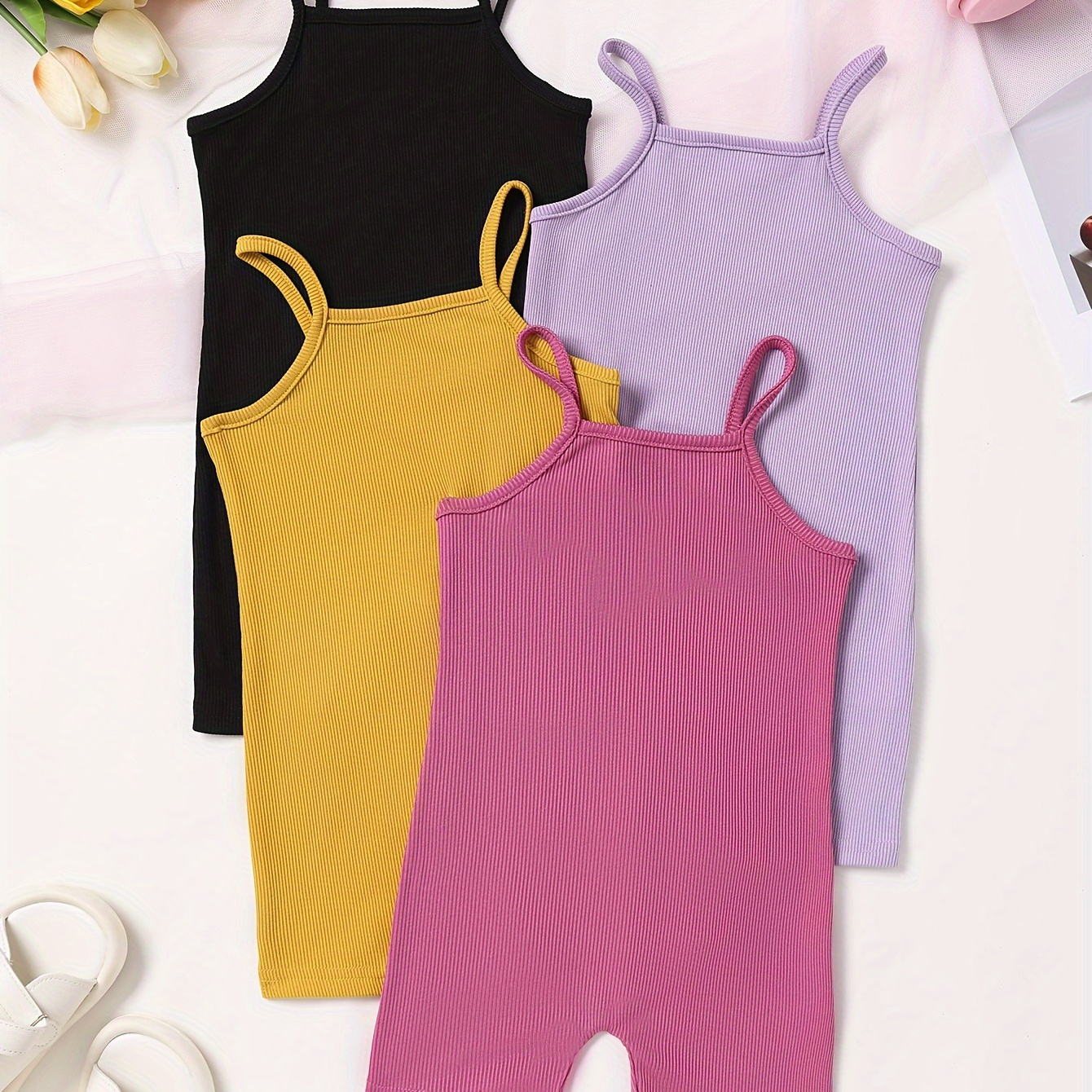 

4pcs Baby's Solid Color Ribbed Bodysuit, Casual Sleeveless Romper, Toddler & Infant Girl's Onesie For Summer, As Gift