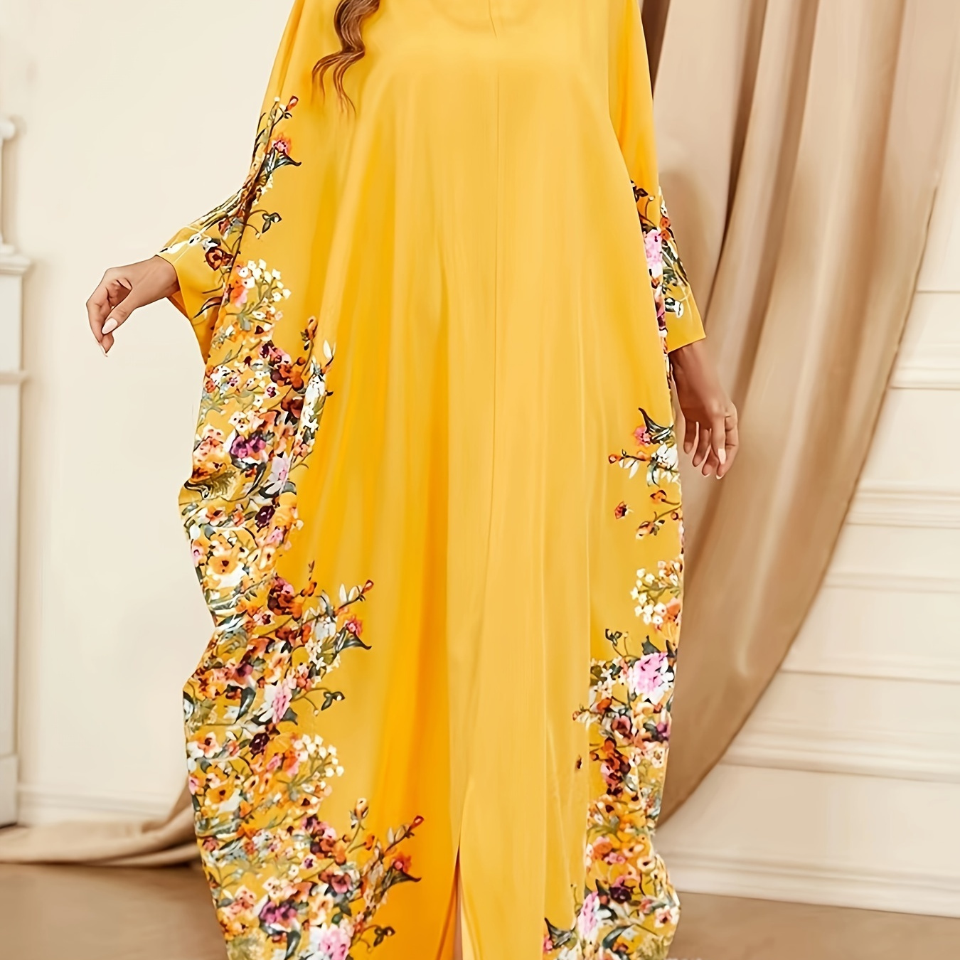 

Ramadan Floral Print Crew Neck Kaftan, Elegant Batwing Sleeve Split Maxi Dress, Women's Clothing