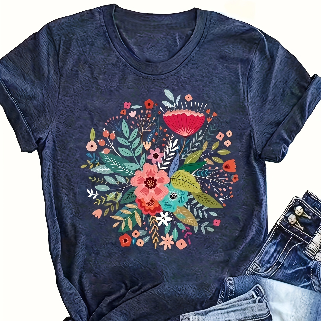 

Plus Size Floral Print T-shirt, Casual Short Sleeve Top For Spring & Summer, Women's Plus Size Clothing