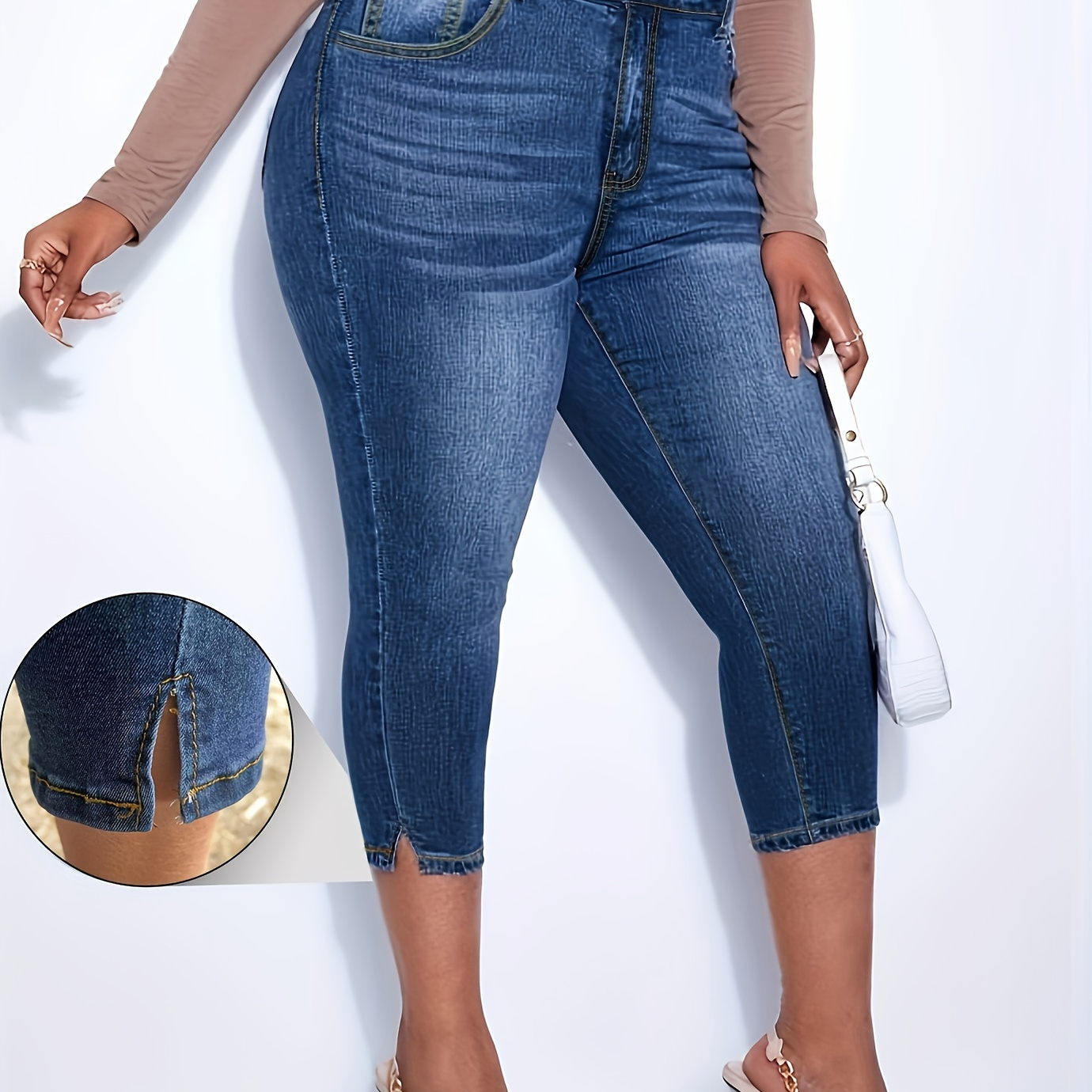 

Plus Size Casual Jeans, Women's Plus Washed Notched Hem Button Fly Skinny Capri Jeans