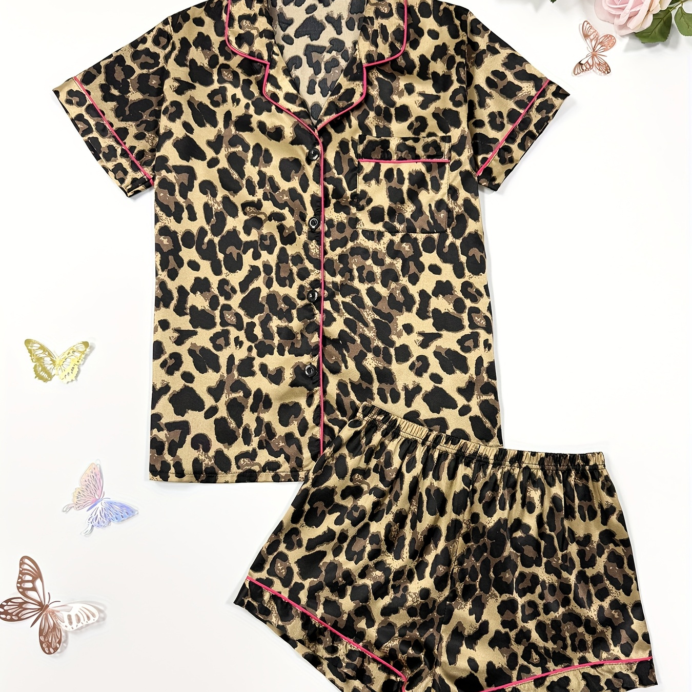 

Women's Satin Leopard Print Pajama Set, Sexy Short Sleeve Shirt With Button Detail, Adult Sleepwear, , Pajama Pants, Home Loungewear