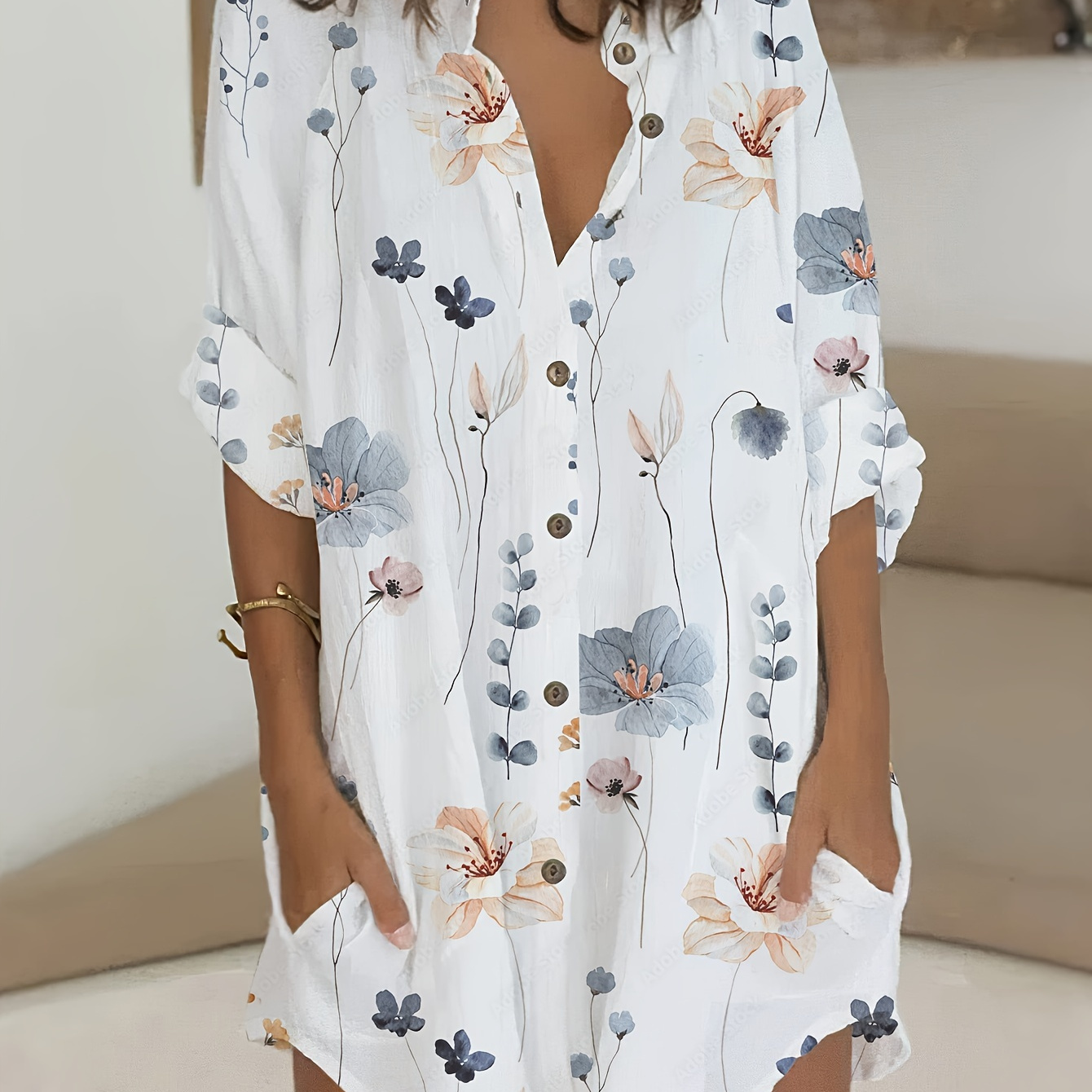 

Blouse à imprimé floral grande taille, décontractée, col à revers, boutonnée sur le devant, manches courtes, poches latérales, pour le printemps et l'été, vêtements grande taille pour femmes.