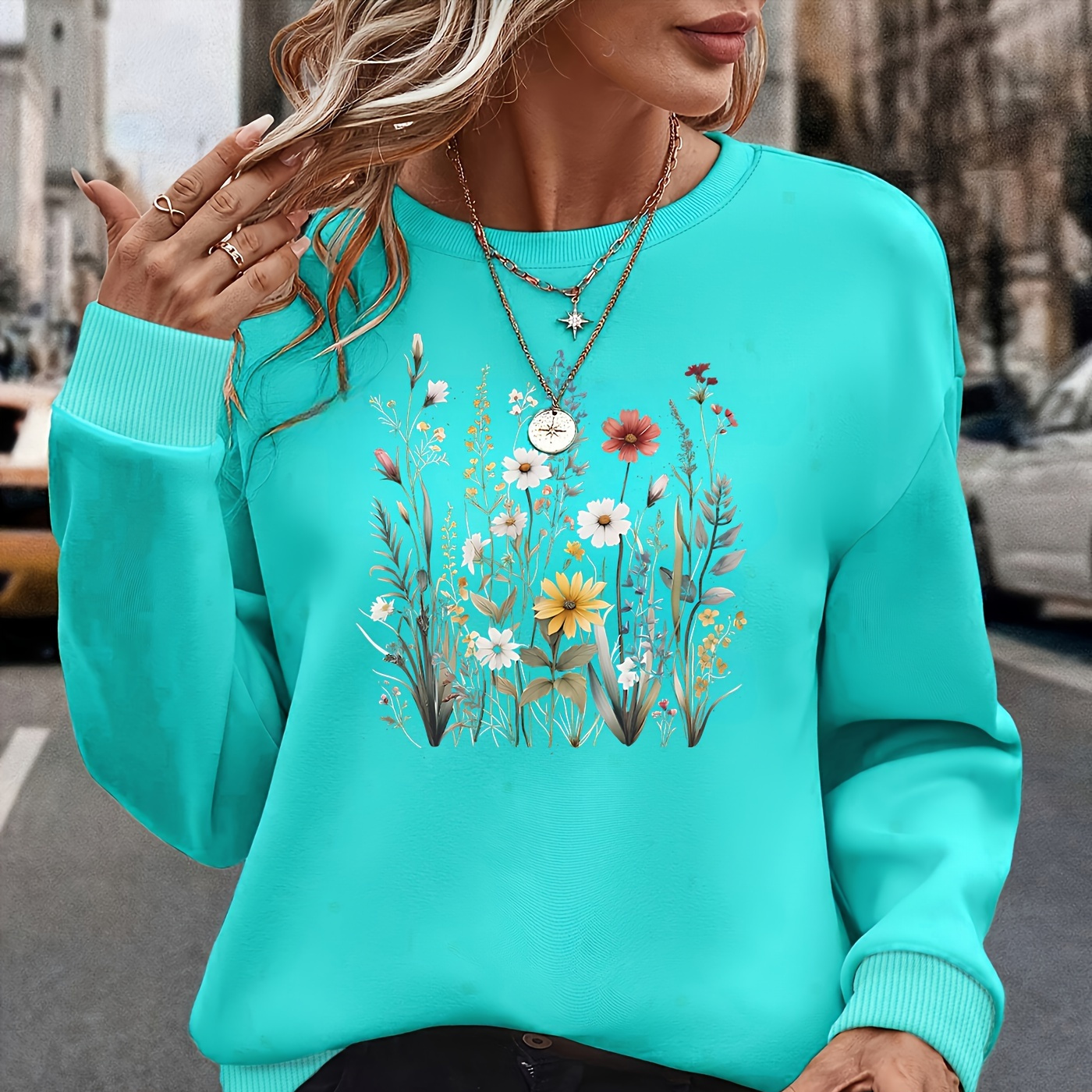 

Sweat-shirt floral élégant pour femme - Tissu en de polyester, col rond, motif végétal, manches longues, confort toutes