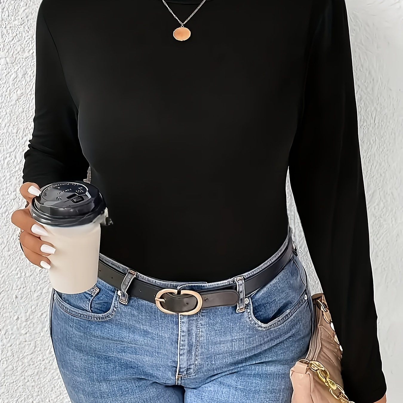 

1pc Size Turtleneck T-shirt, Solid Color Long Sleeve Top, Stretch Polyester Knit Pullover For Spring/autumn, Slim Apparel