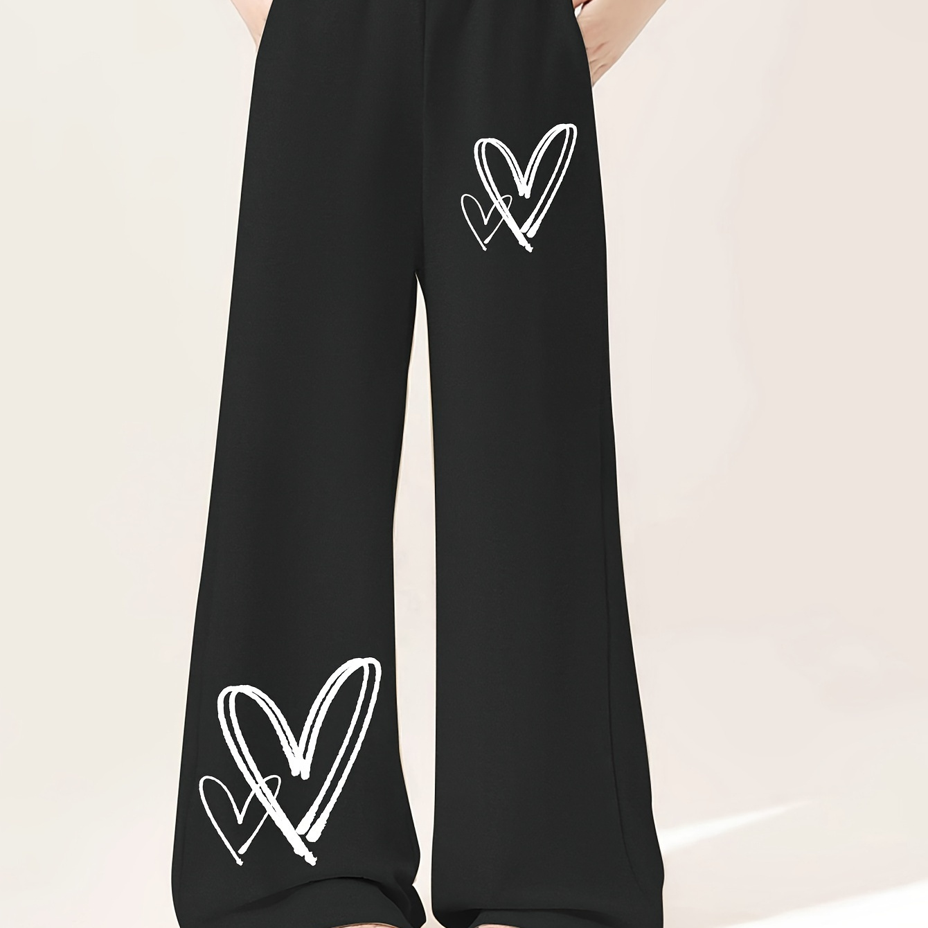 

Creative Love Pattern Print Girl's Wide Leg Pants, Casual Comfortable Loose Trousers For Autumn
