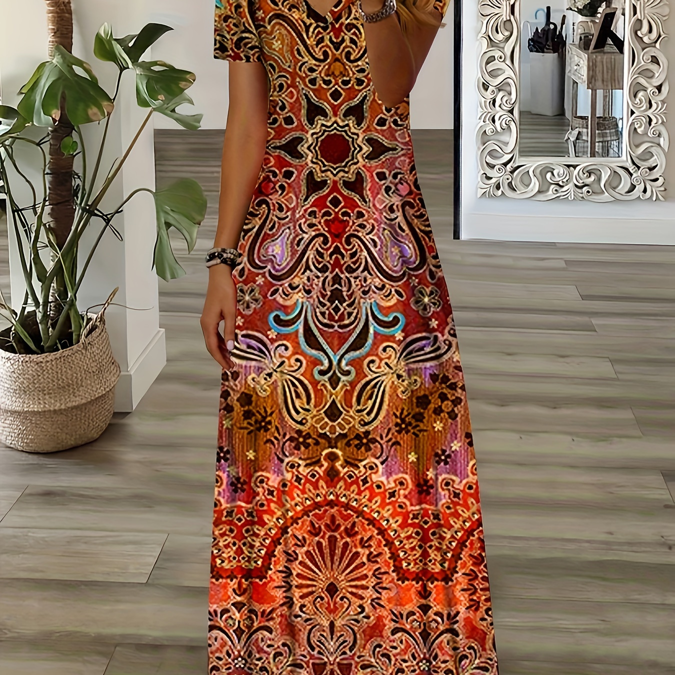 

Ethnic Graphic Print V Neck Dress, Vacation Style Short Sleeve Maxi Dress For Spring & Summer, Women's Clothing