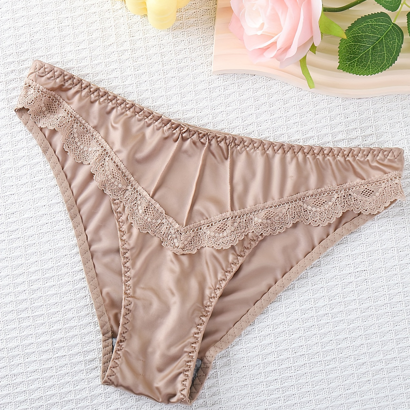 

Elegant Lace Contrast Solid Color Satin Panties For Women, Seamless Comfortable Soft Briefs, Sexy Underwear