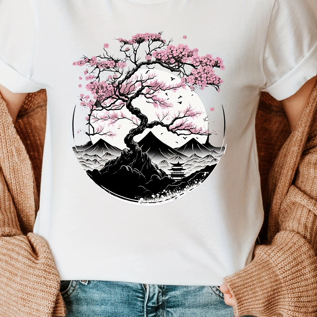 

T-shirt à col rond imprimé Sakura, haut décontracté à manches courtes pour l'été et le printemps, vêtements pour femmes