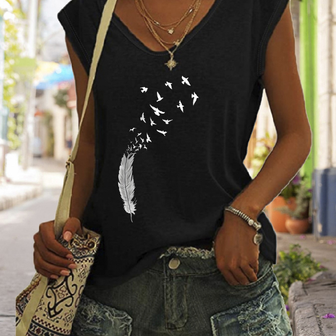 

Feather Print V Neck Top, Casual Cap Sleeve Top For Spring & Summer, Women's Clothing