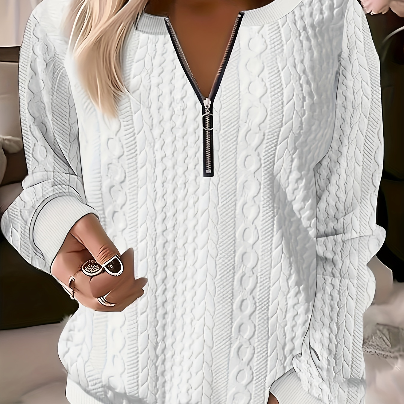 

Plus Size Casual Sweatshirt, Women's Plus Solid Cable Long Sleeve Zipper Round Neck Sweatshirt