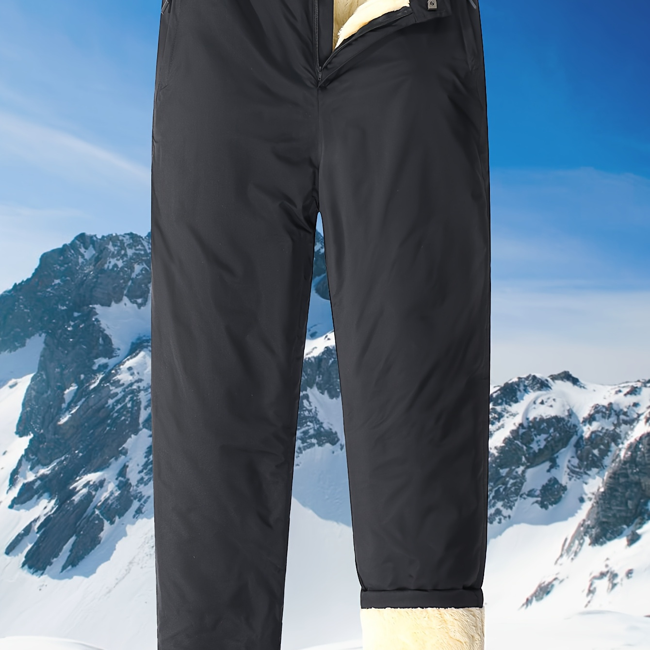 

[furtrimmed Trousers] Men's Warm Fleece-lined Winter Pants - Casual, With Zipper Pockets, Waistband, Polyester, Black With & Hem Detail, Cold Weather Outdoor Activities, Winter Clothes