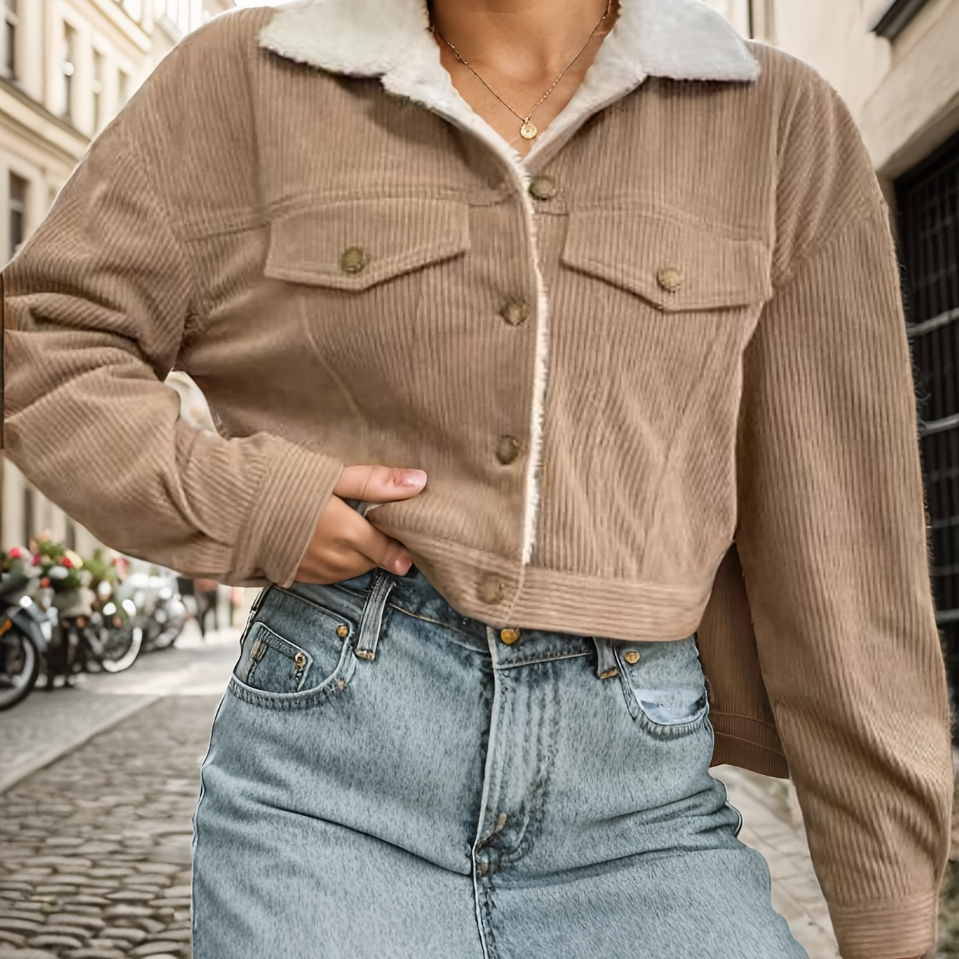 Women'S Short Corduroy And Lamb Jacket for Autumn And Winter, Featuring a Fleece Collar, Versatile Korean-Style Warm Top