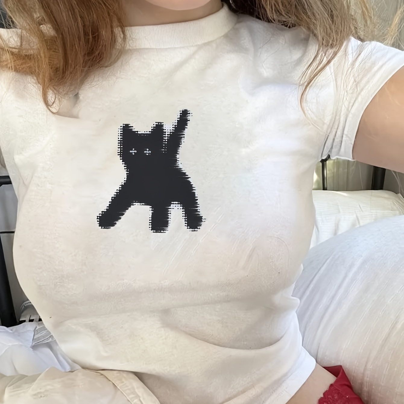 

Kitten Neck T-shirt, Casual Short Sleeve T-shirt For , Women's Clothing