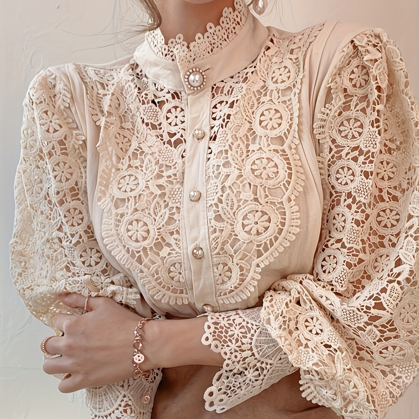 

Elegant Women's Lace Blouse With Floral Patterns, Long Sleeves, And Pearl French Buttons - V-neck,, Machine Washable - Spring/summer, Elegant Casual Wear| Blouse|translucent Material