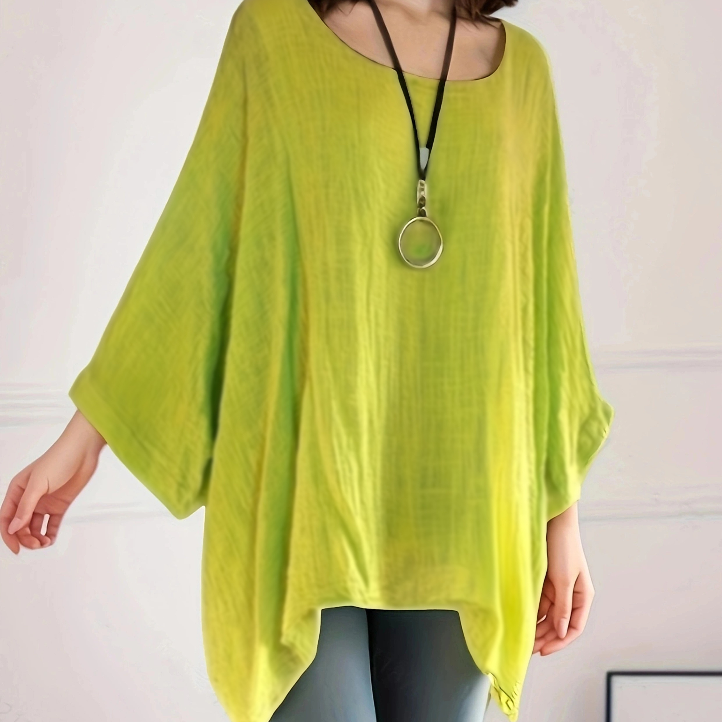 

Women's Casual Polyester Tunic Top, Long Sleeve Batwing Sleeve Crew Neck Pullover, Solid Color Loose Fit Woven T-shirt For All - 100% Polyester, 90g/m²