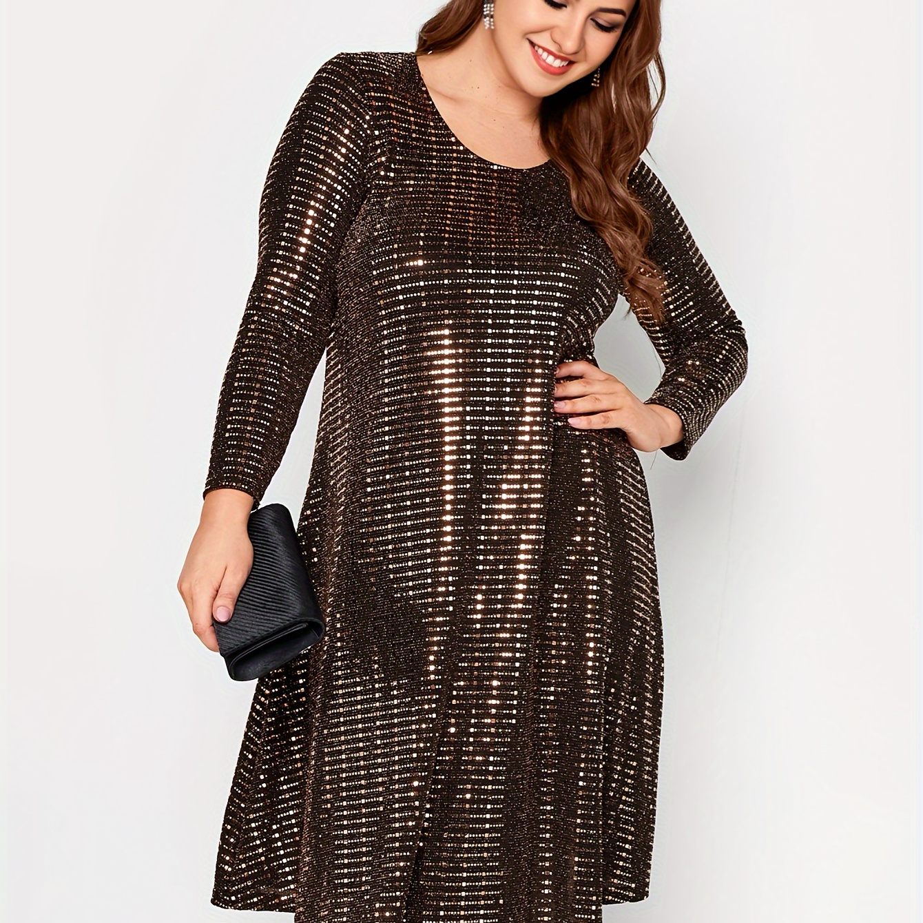 

Plus Size Shining Loose Dress, Elegant Long Sleeve Crew Neck Dress For Spring & Fall, Women's Plus Size Clothing